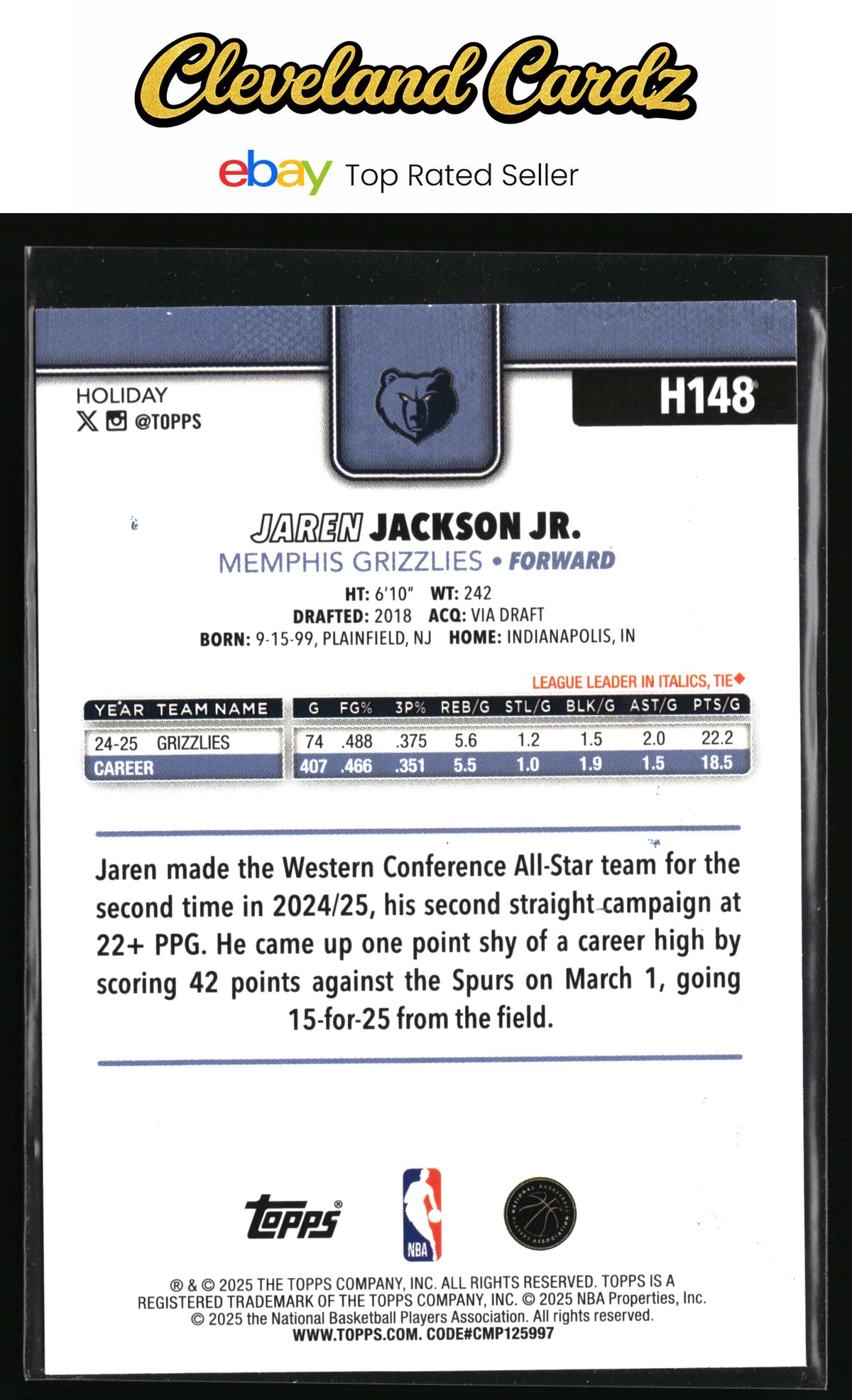 2025-26 Topps Holiday #H148 Jaren Jackson Jr. Blue Metallic Glitter Holiday