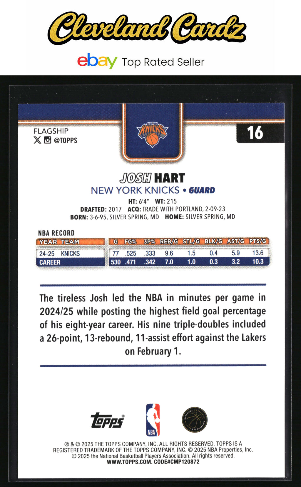 2025-26 Topps #16 Josh Hart Crackleboard