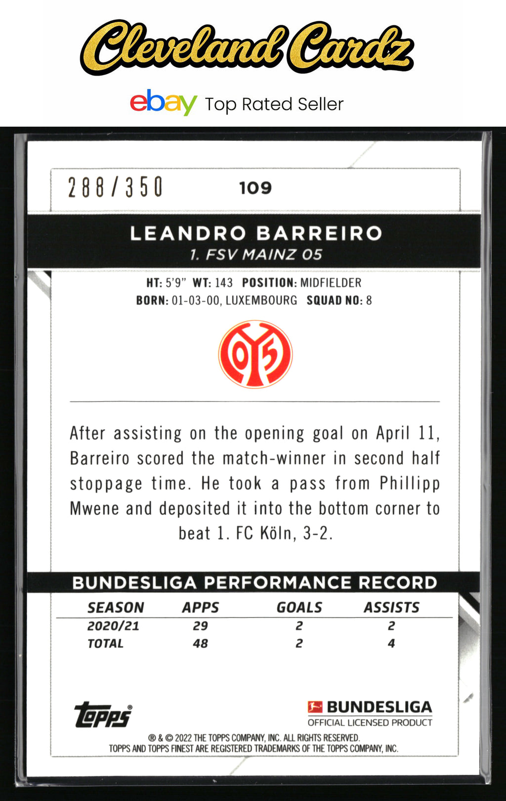 2021-22 Finest Bundesliga #109 Leandro Barreiro Yellow Wave Refractor #/350