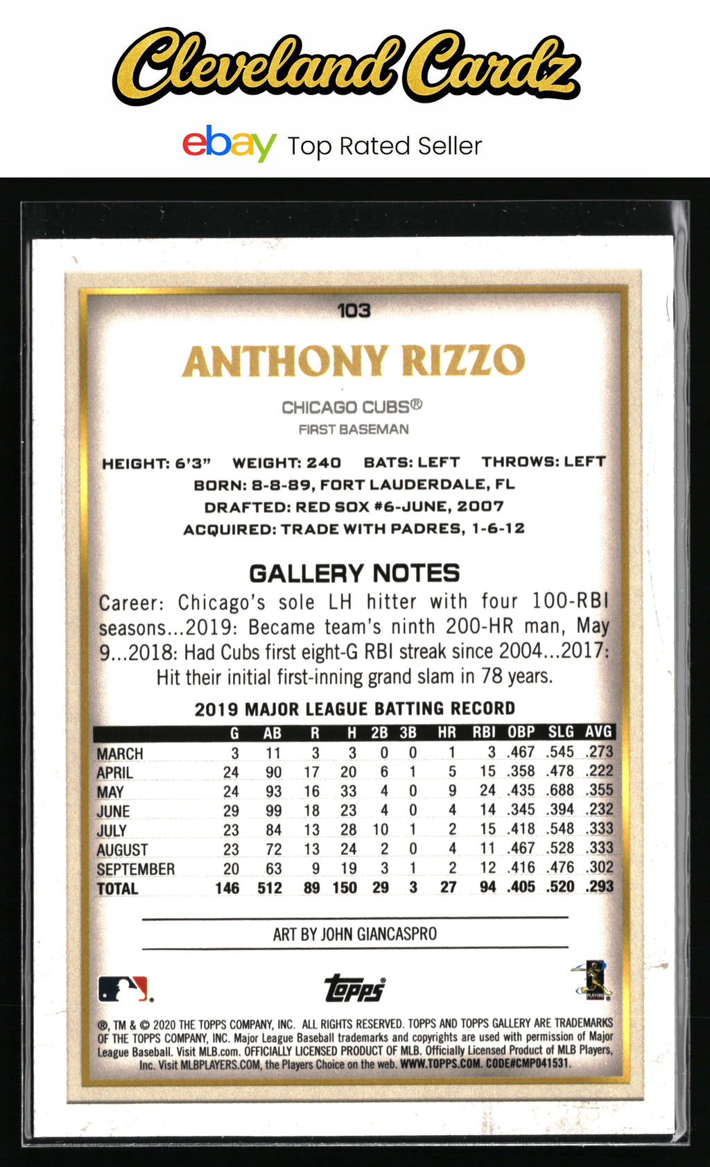2020 Topps Gallery #103 Anthony Rizzo