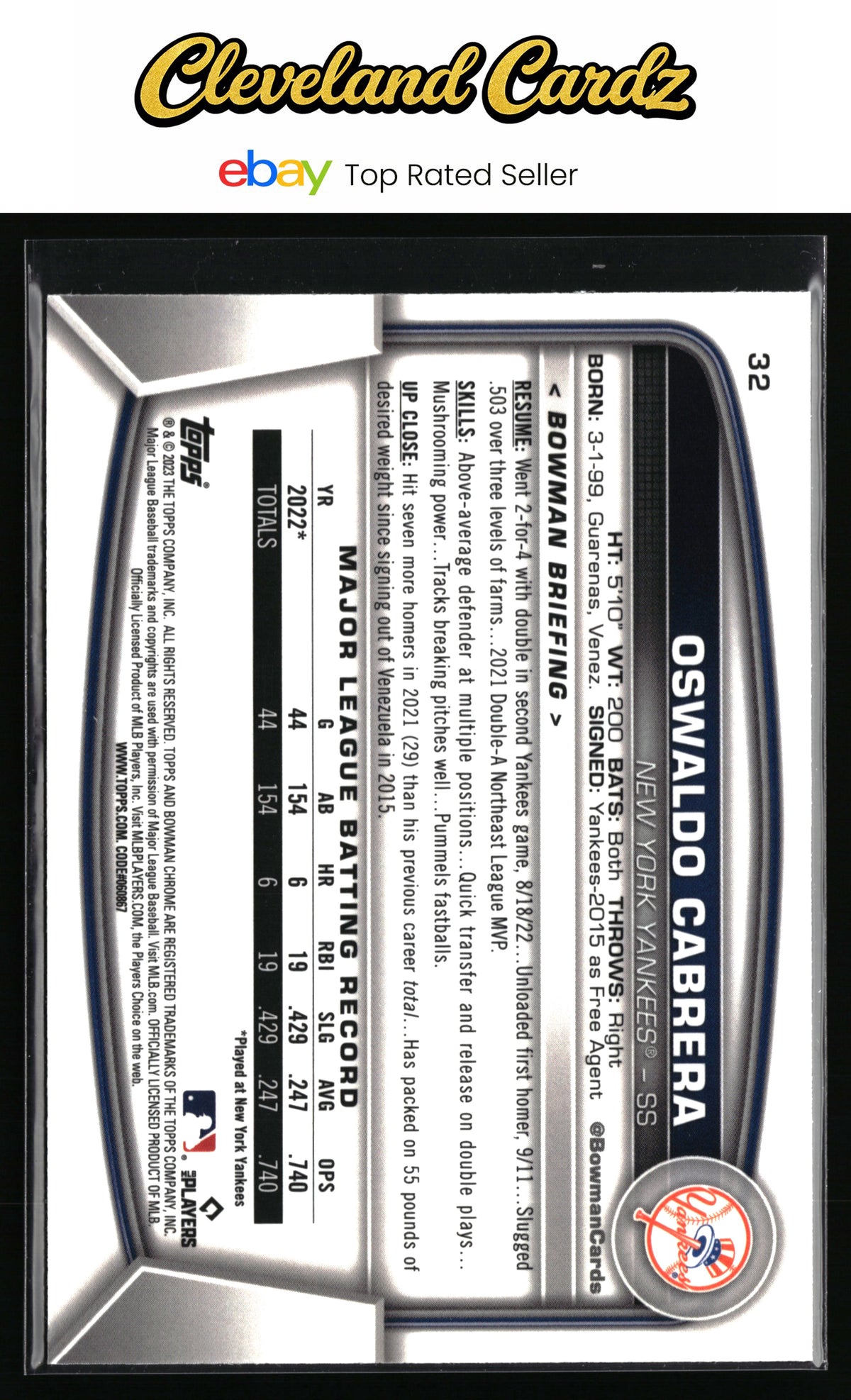 2023 Bowman #32 Oswaldo Cabrera Mojo Refractor