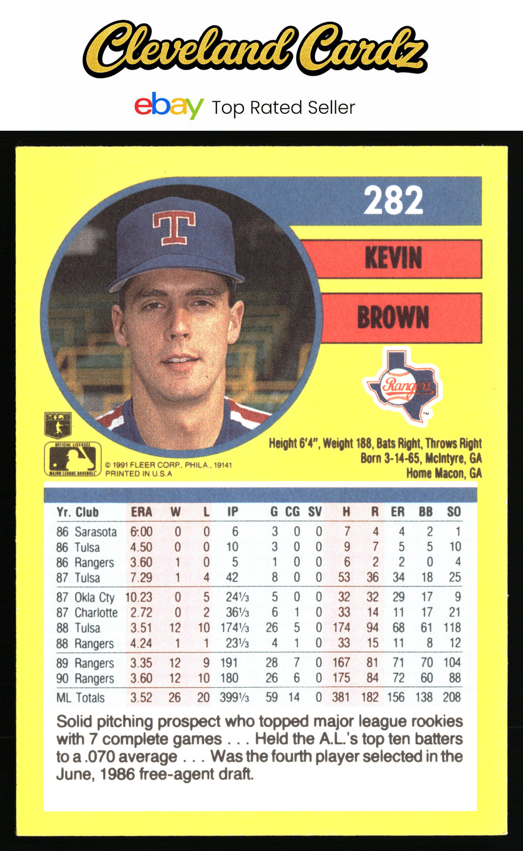 1991 Fleer #282b Kevin Brown : Jumbo Pack ver:Text ends with "free-agent draft."