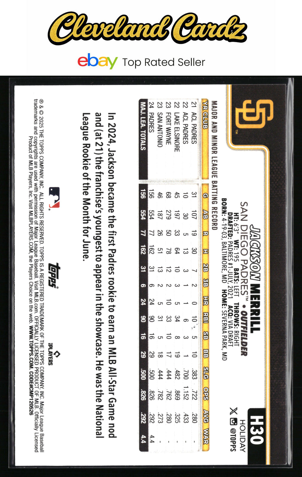 2025 Topps Holiday #H30 Jackson Merrill Light Blue & White Glitter Holiday
