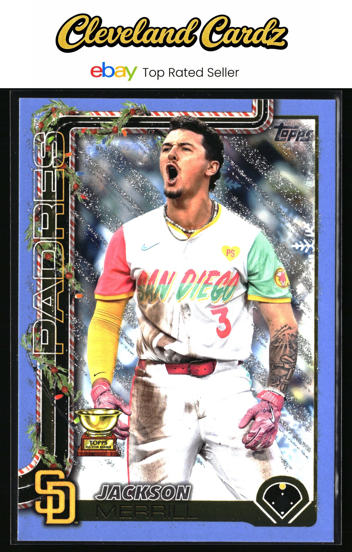 2025 Topps Holiday #H30 Jackson Merrill Light Blue & White Glitter Holiday