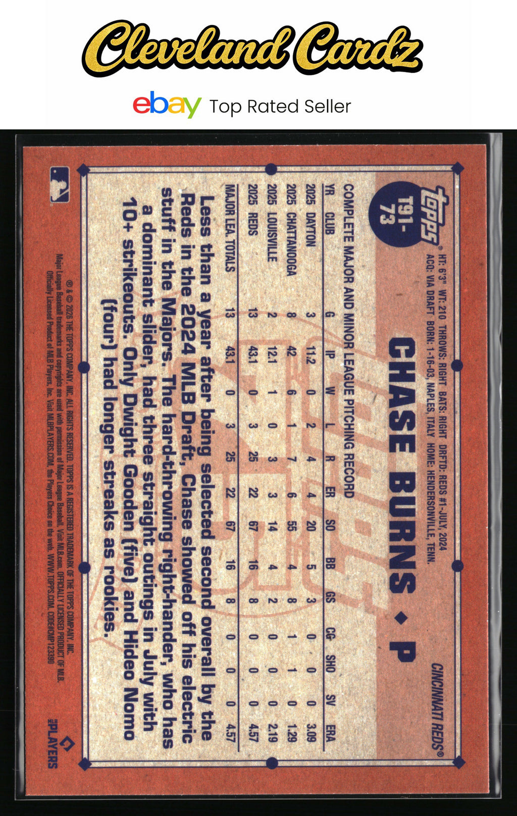 2026 Topps #T91-73 Chase Burns 1991 Topps Baseball 35th Anniversary (Series One)