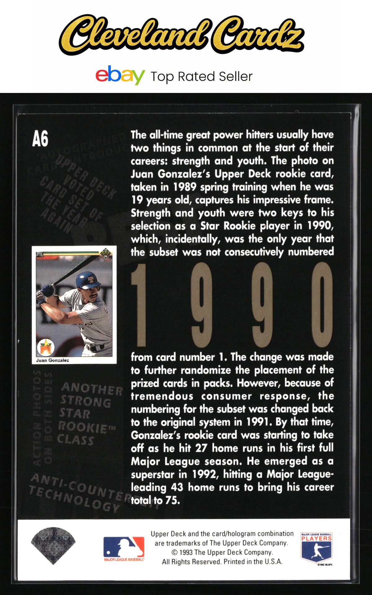 1993 Upper Deck #A6 Juan Gonzalez 5th Anniversary
