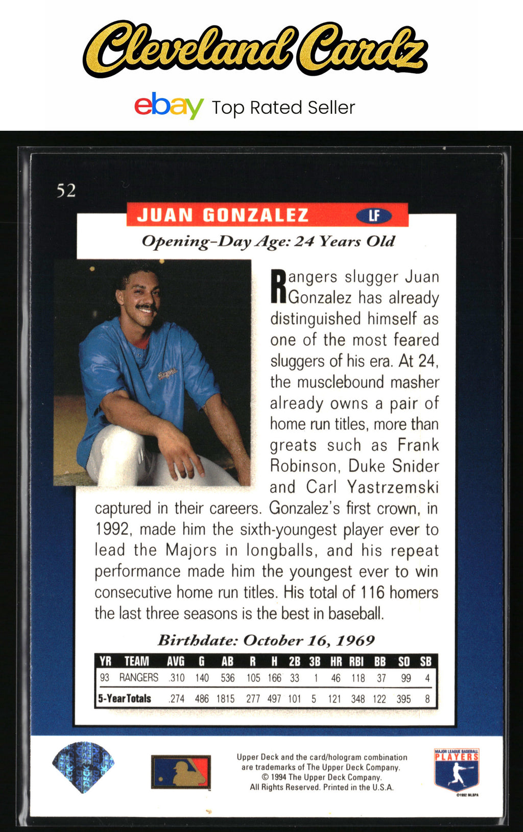 1994 Upper Deck #52 Juan Gonzalez Electric Diamond