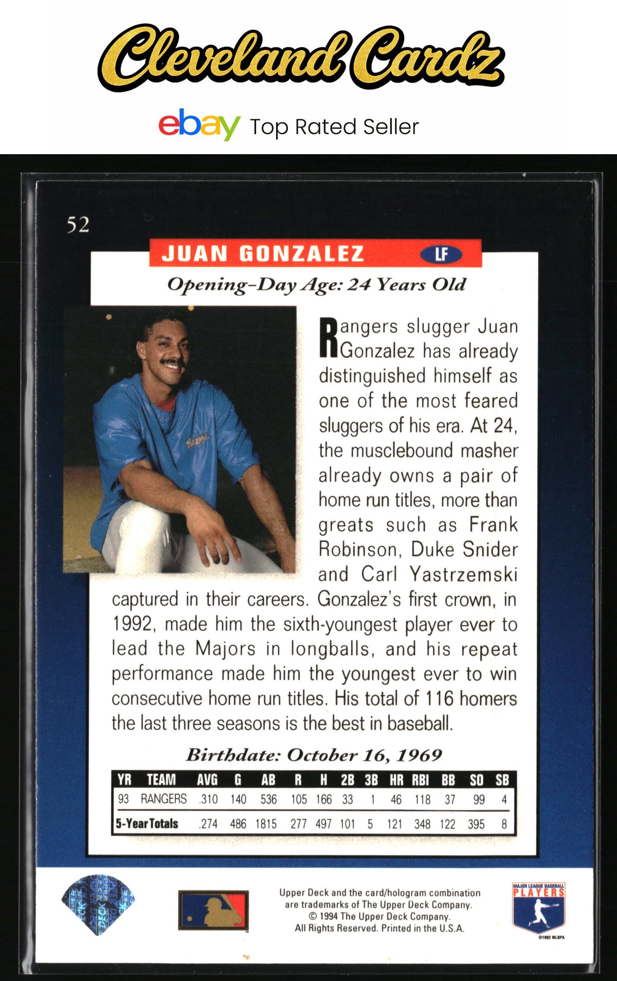 1994 Upper Deck #52 Juan Gonzalez Electric Diamond