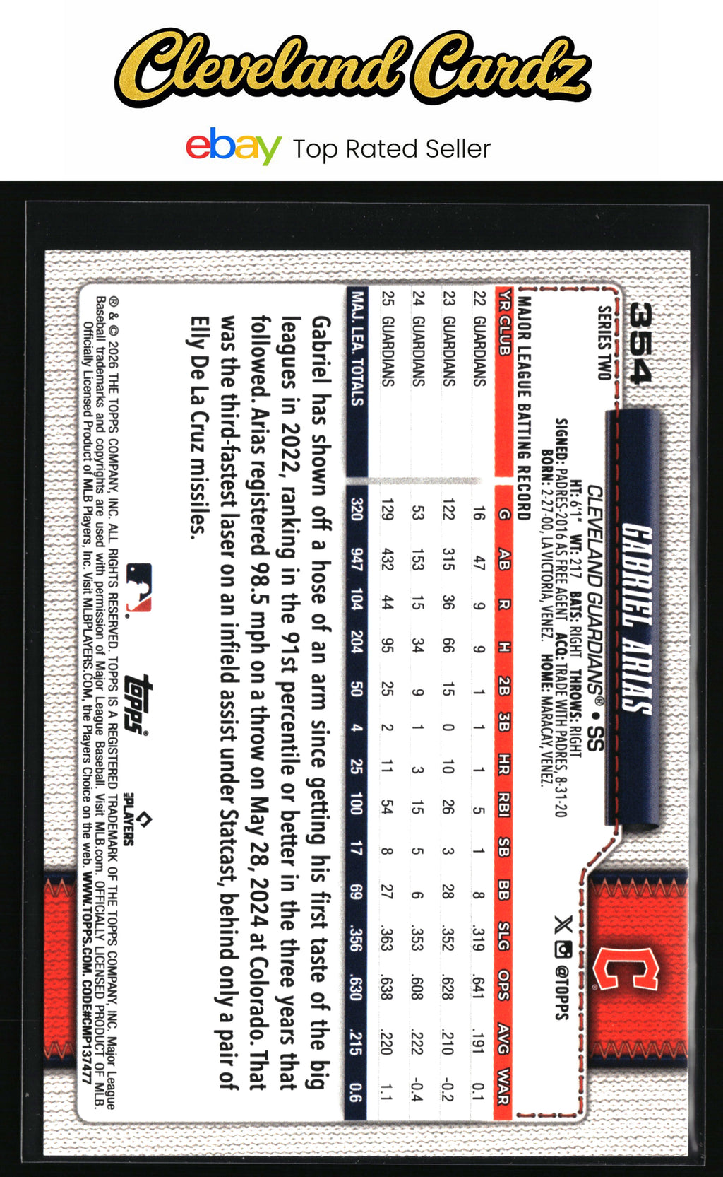 2026 Topps #354 Gabriel Arias Rainbow Foil