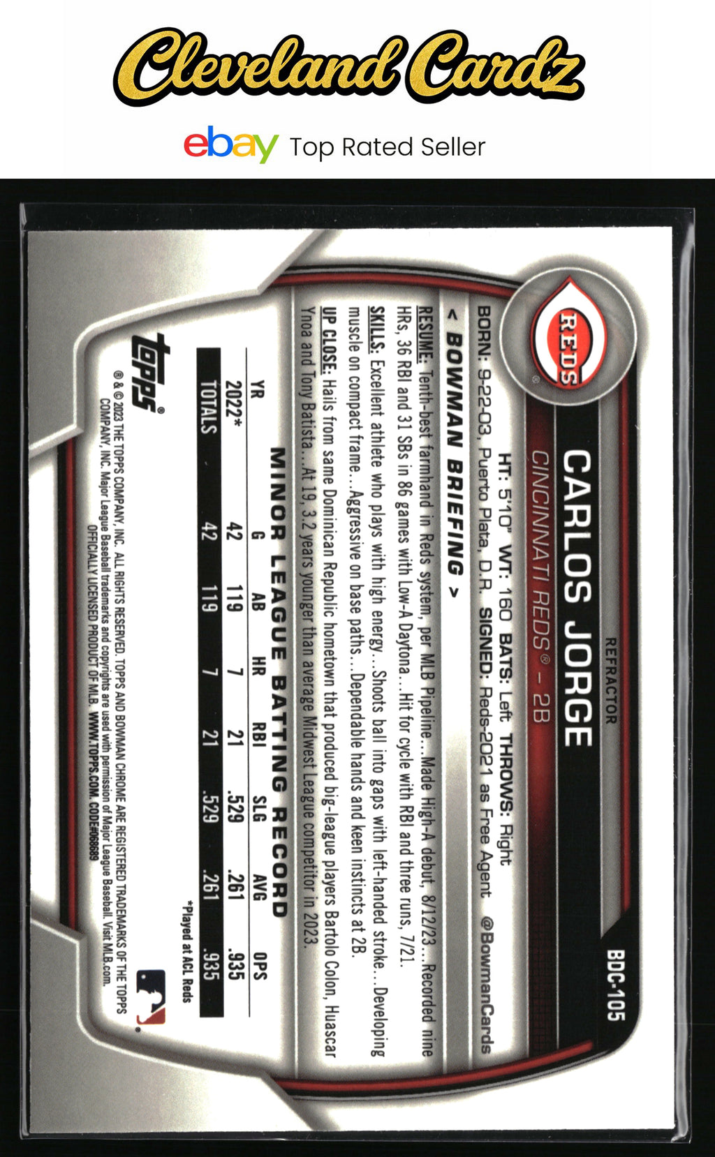 2023 Bowman Draft #BDC-105 Carlos Jorge Chrome Refractor