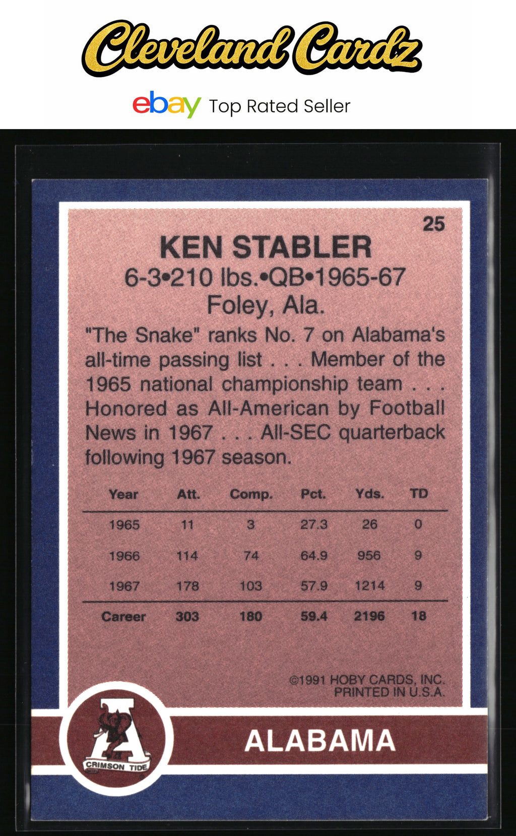 1991 Hoby Stars of the SEC #25 Ken Stabler