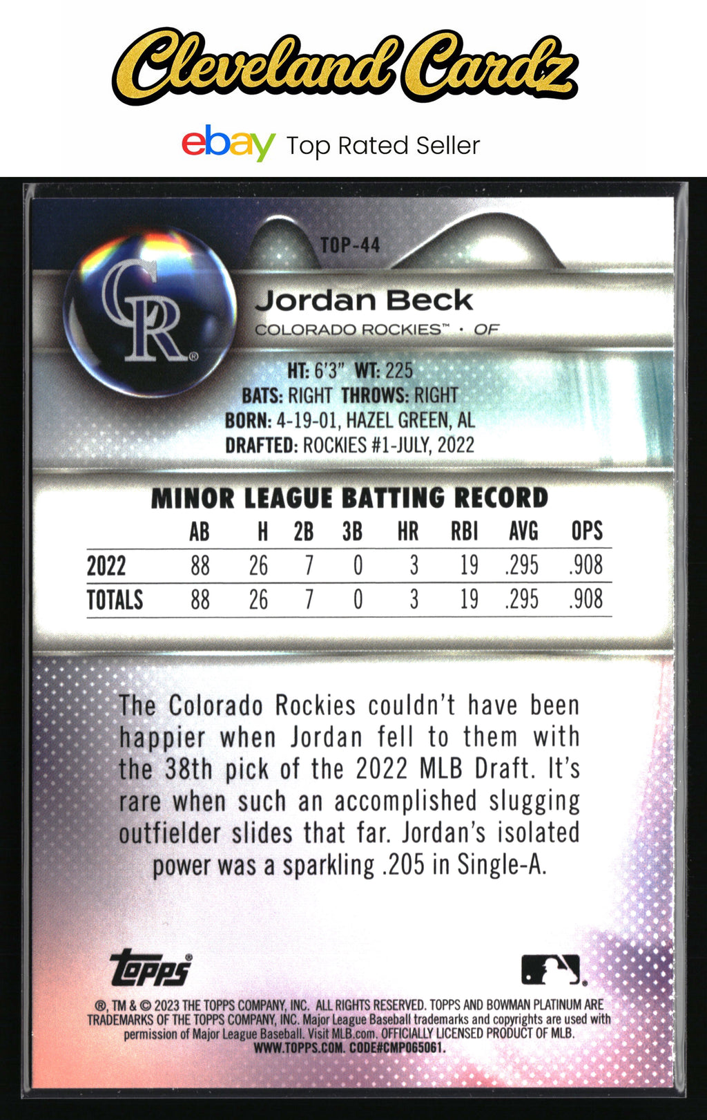 2023 Bowman Platinum #TOP-44 Jordan Beck Top Prospects