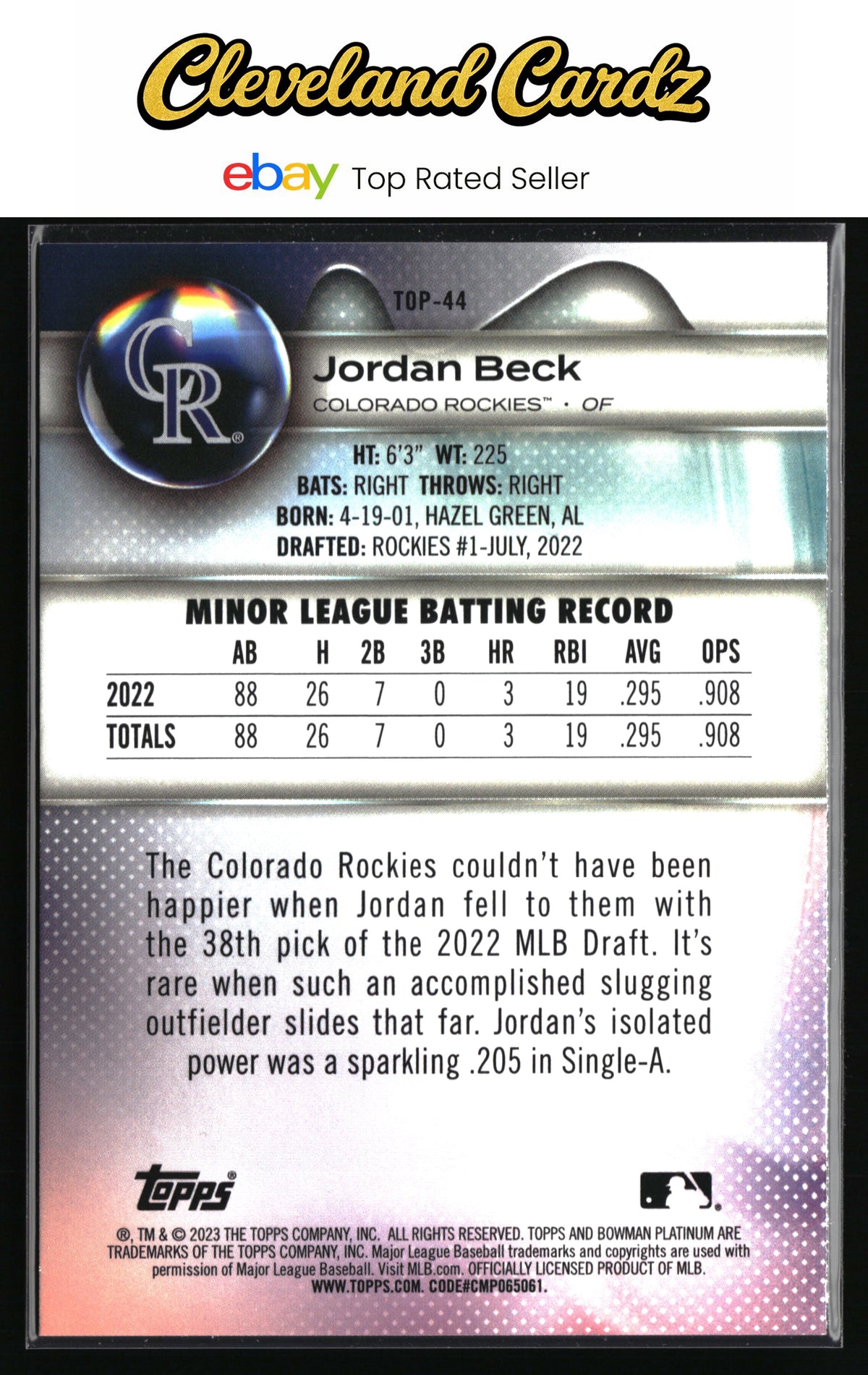 2023 Bowman Platinum #TOP-44 Jordan Beck Top Prospects
