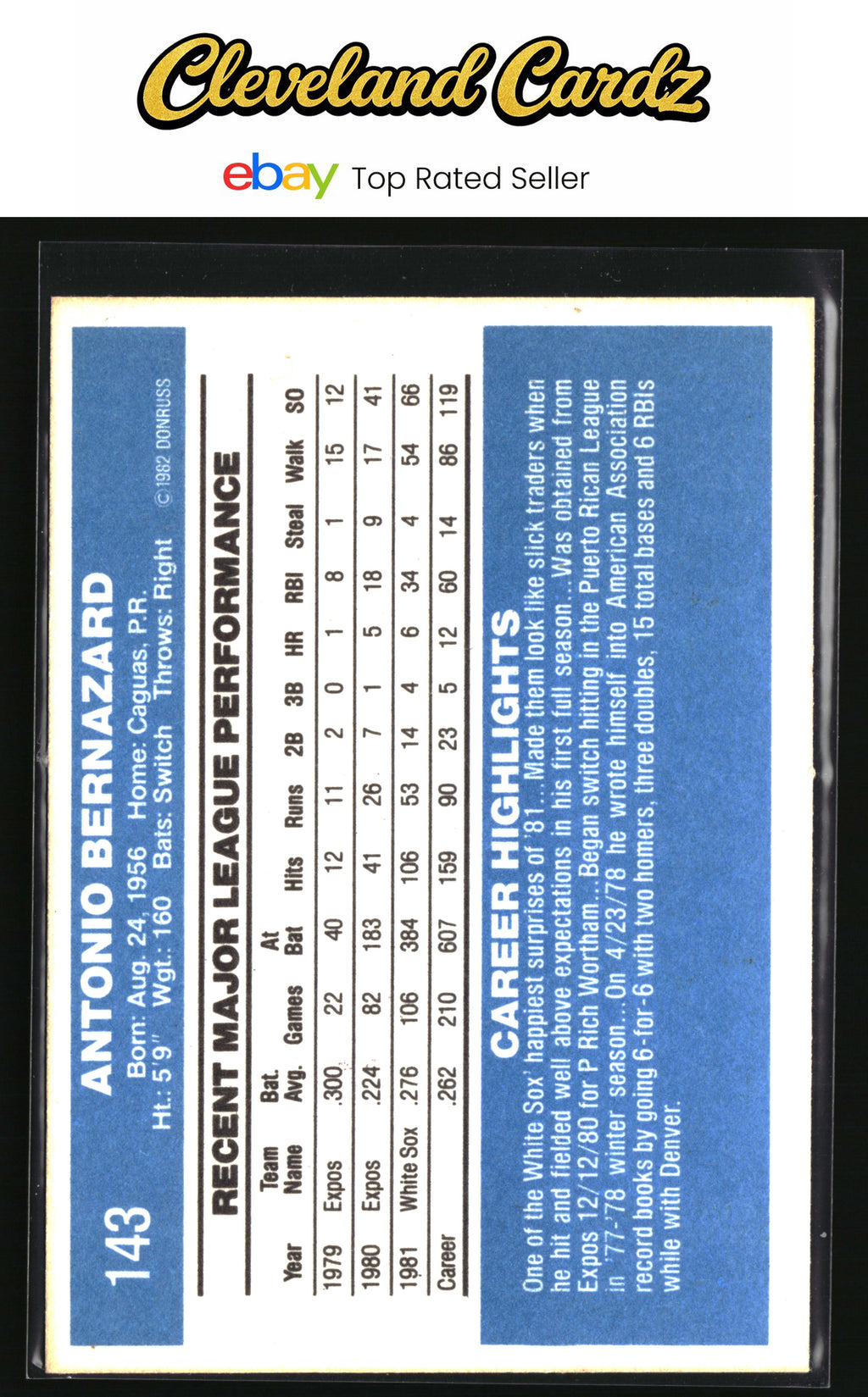 1982 Donruss #143 Tony Bernazard