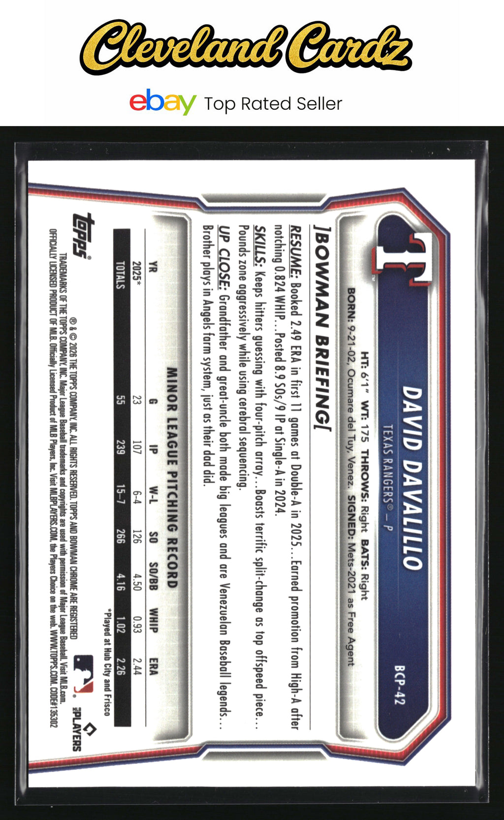 2026 Bowman #BCP-42 David Davalillo Chrome Prospects Reptilian Refractor