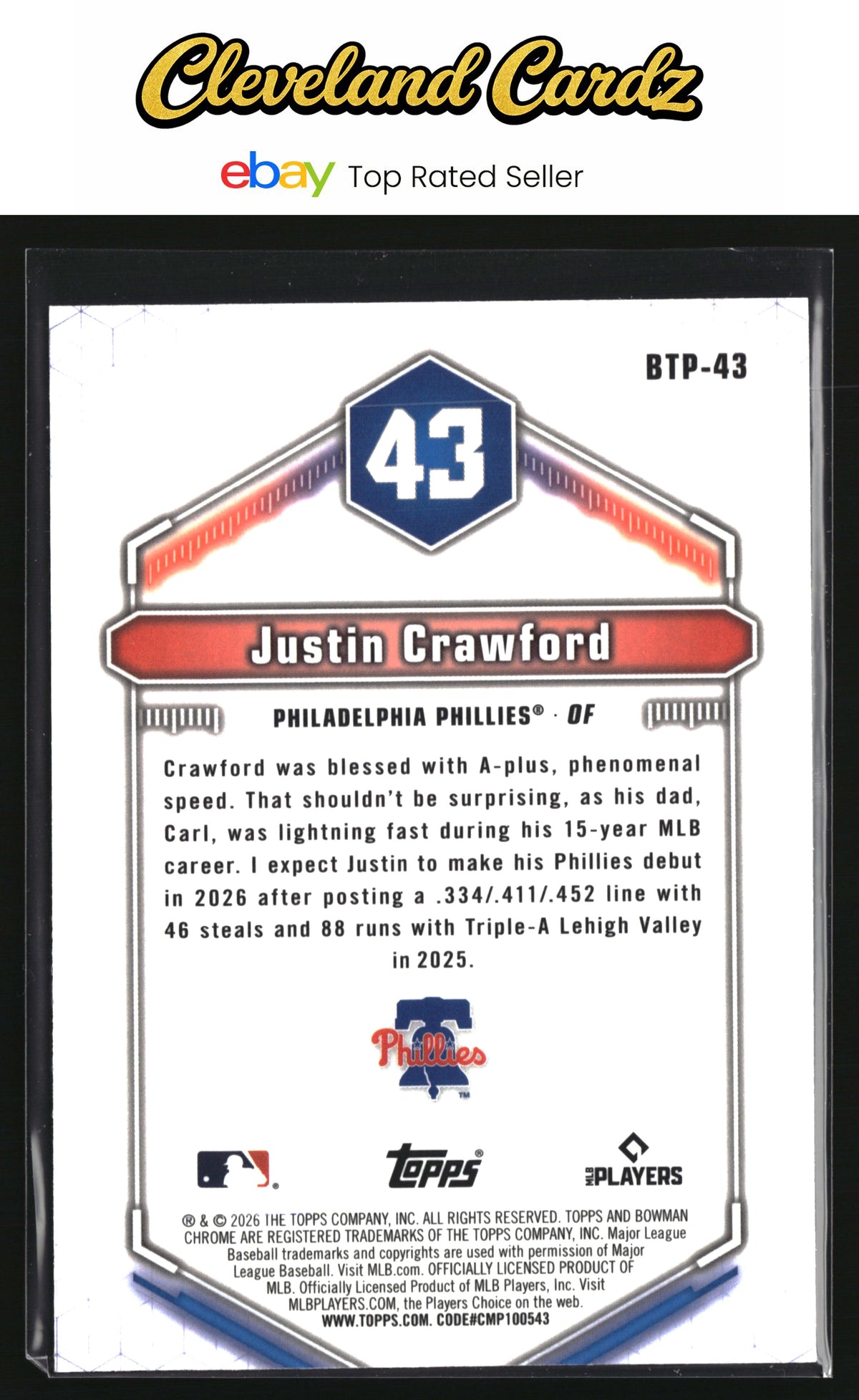 2026 Bowman #BTP-43 Justin Crawford Bowman Scouts' Top 100