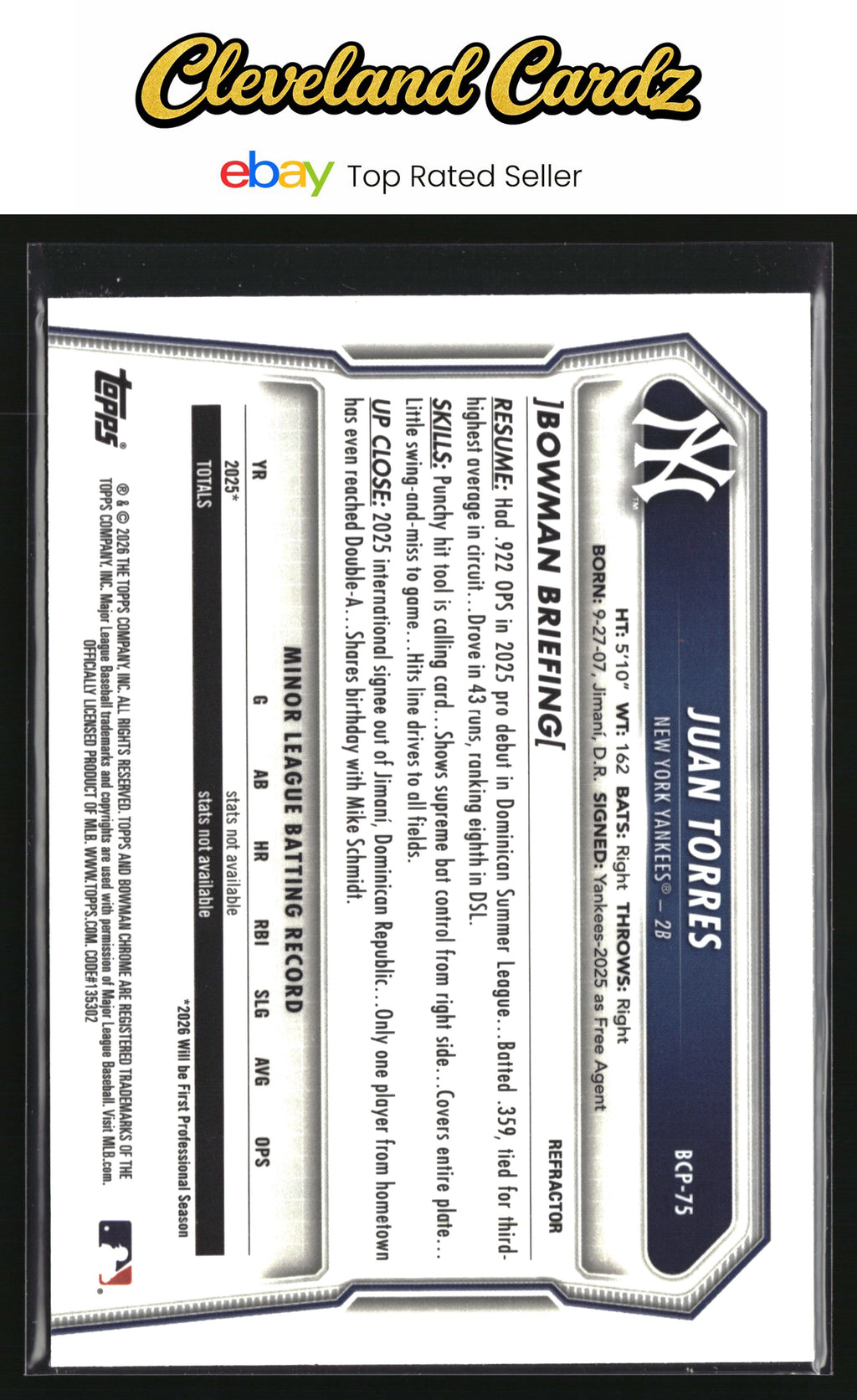 2026 Bowman #BCP-75 Juan Torres Chrome Prospects Refractor #/499