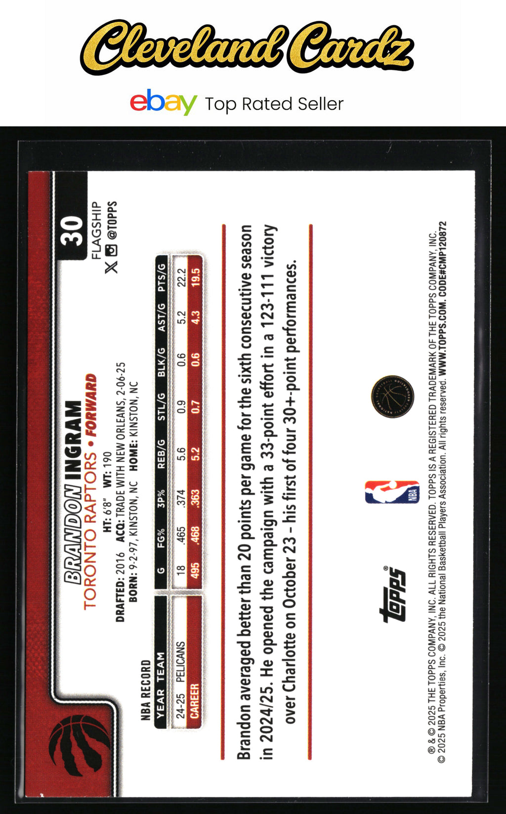 2025-26 Topps #30 Brandon Ingram Rainbow Foilboard