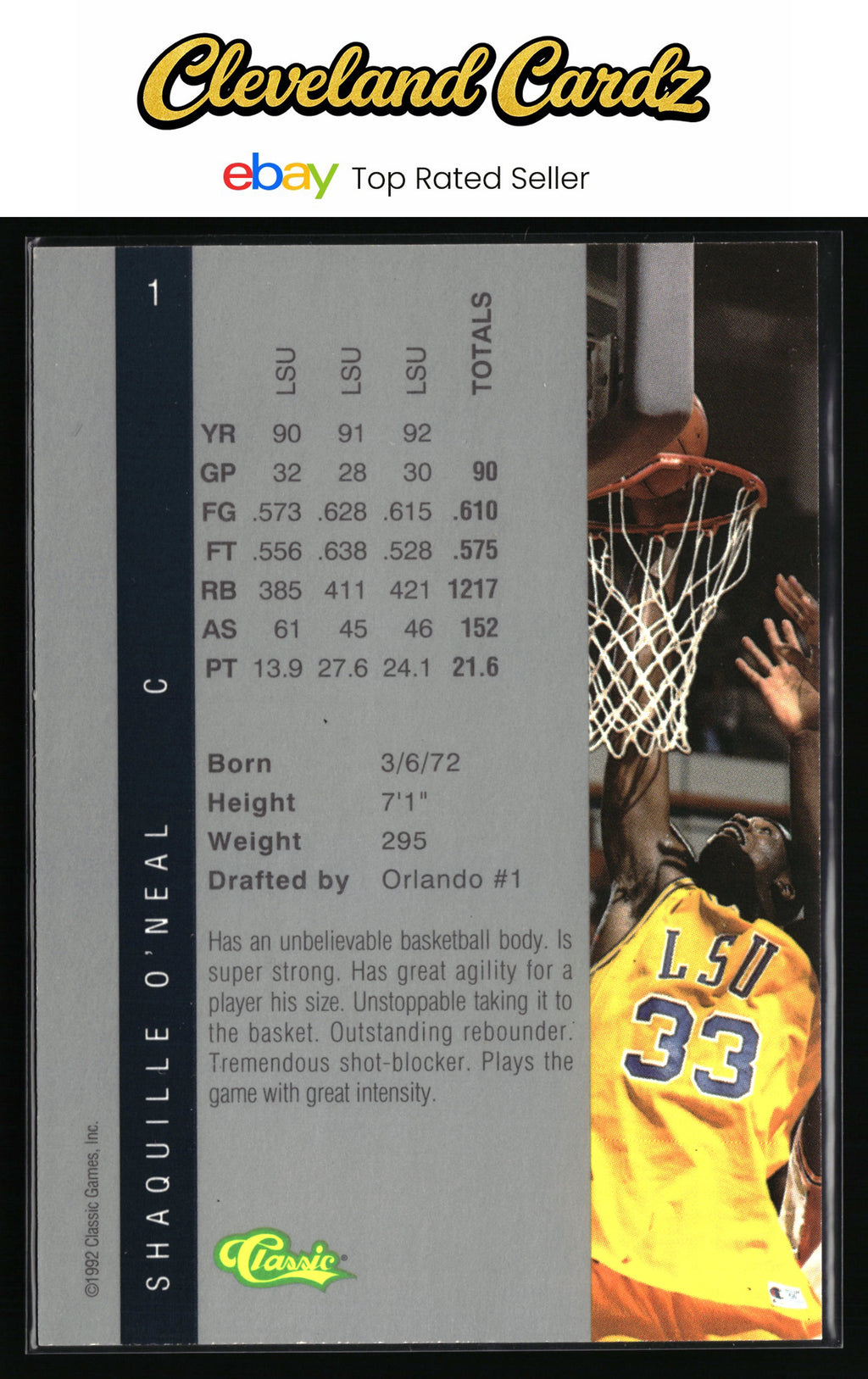 1992 Classic Four Sport #1 Shaquille O'Neal