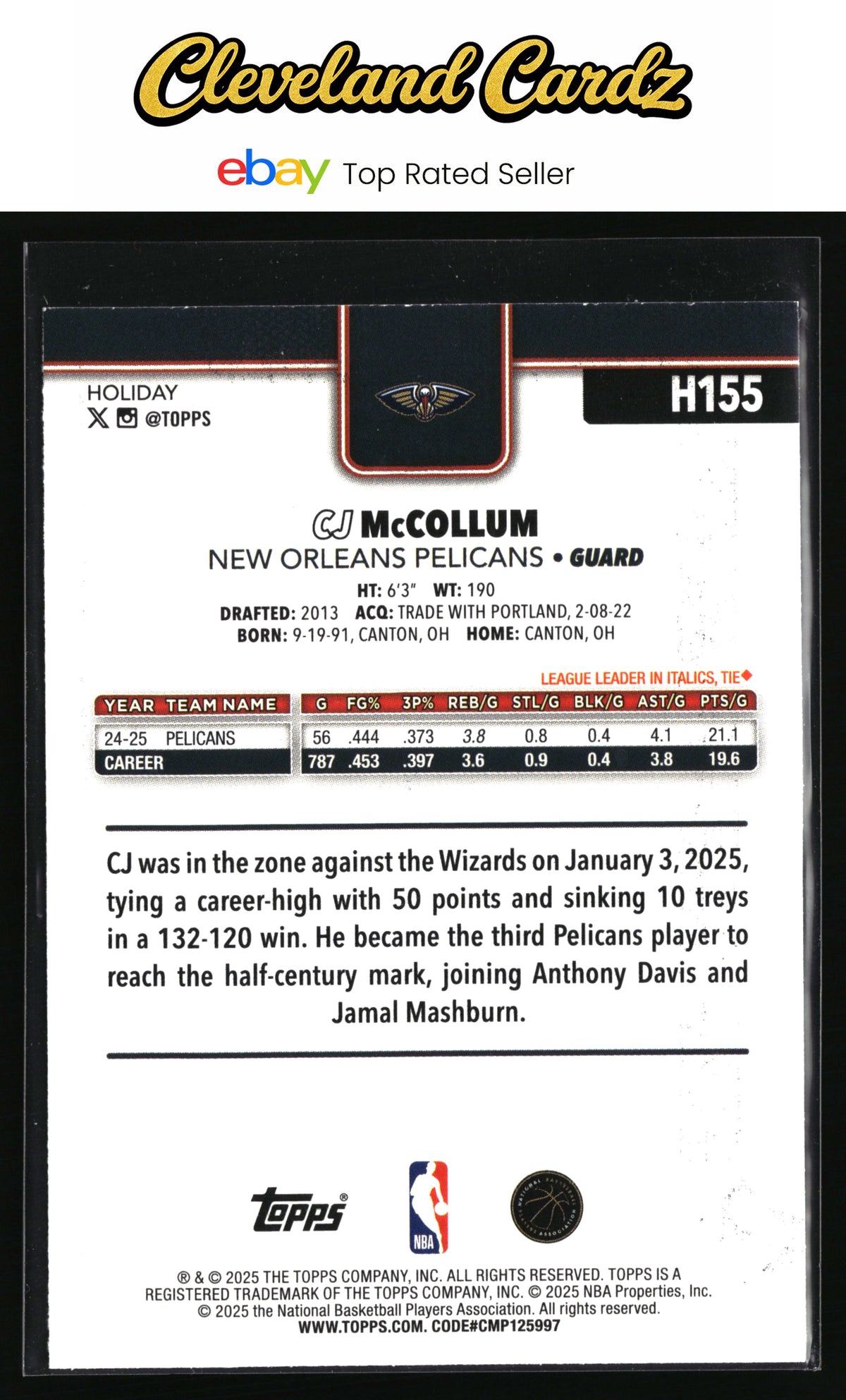 2025-26 Topps Holiday #H155 CJ McCollum Blue Metallic Glitter Holiday