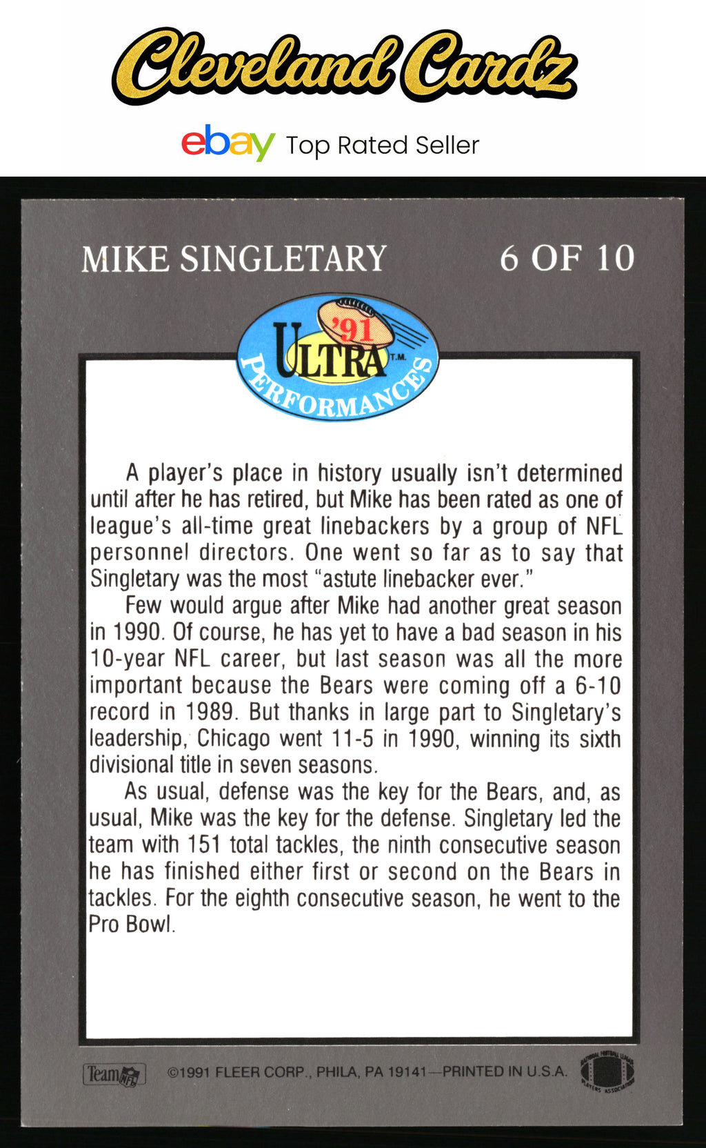 1991 Ultra #6 Mike Singletary Ultra Performances