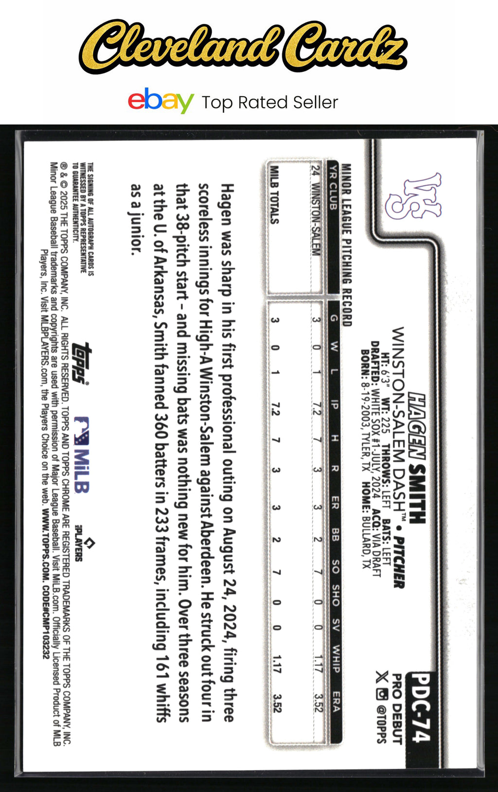 2025 Topps Pro Debut #PDC-74 Hagen Smith Chrome Autographs Green Refractor #/99