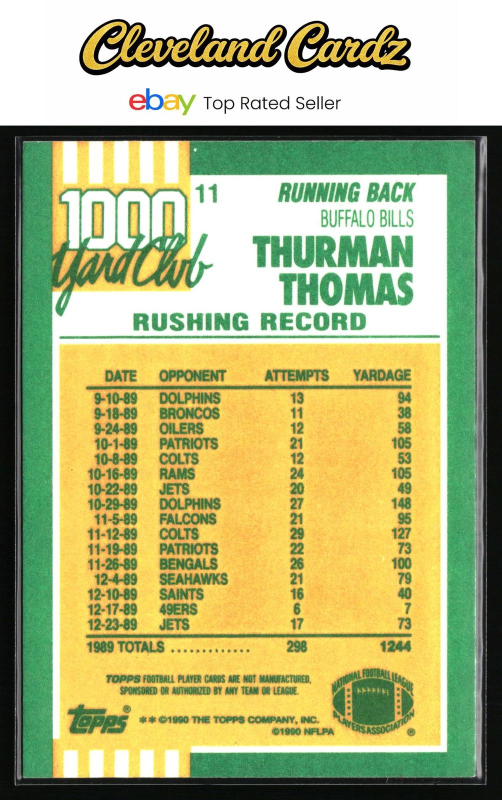 1990 Topps #11 Thurman Thomas 1000 Yard Club