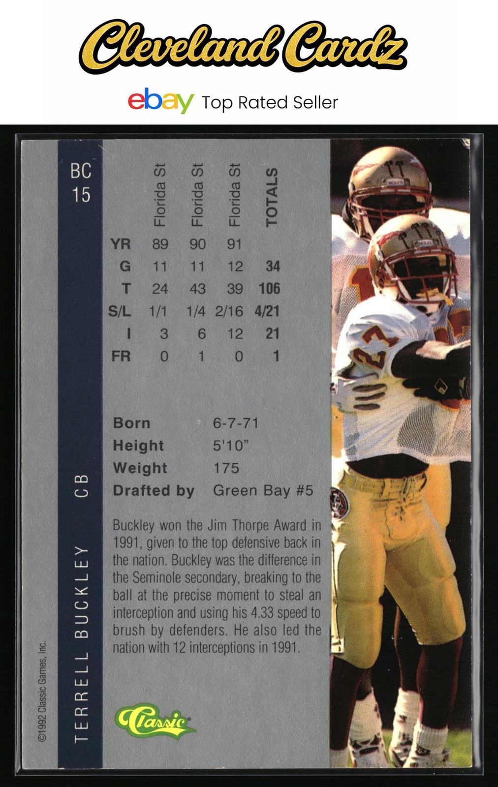 1992 Classic Four Sport #BC15 Terrell Buckley Bonus Cards