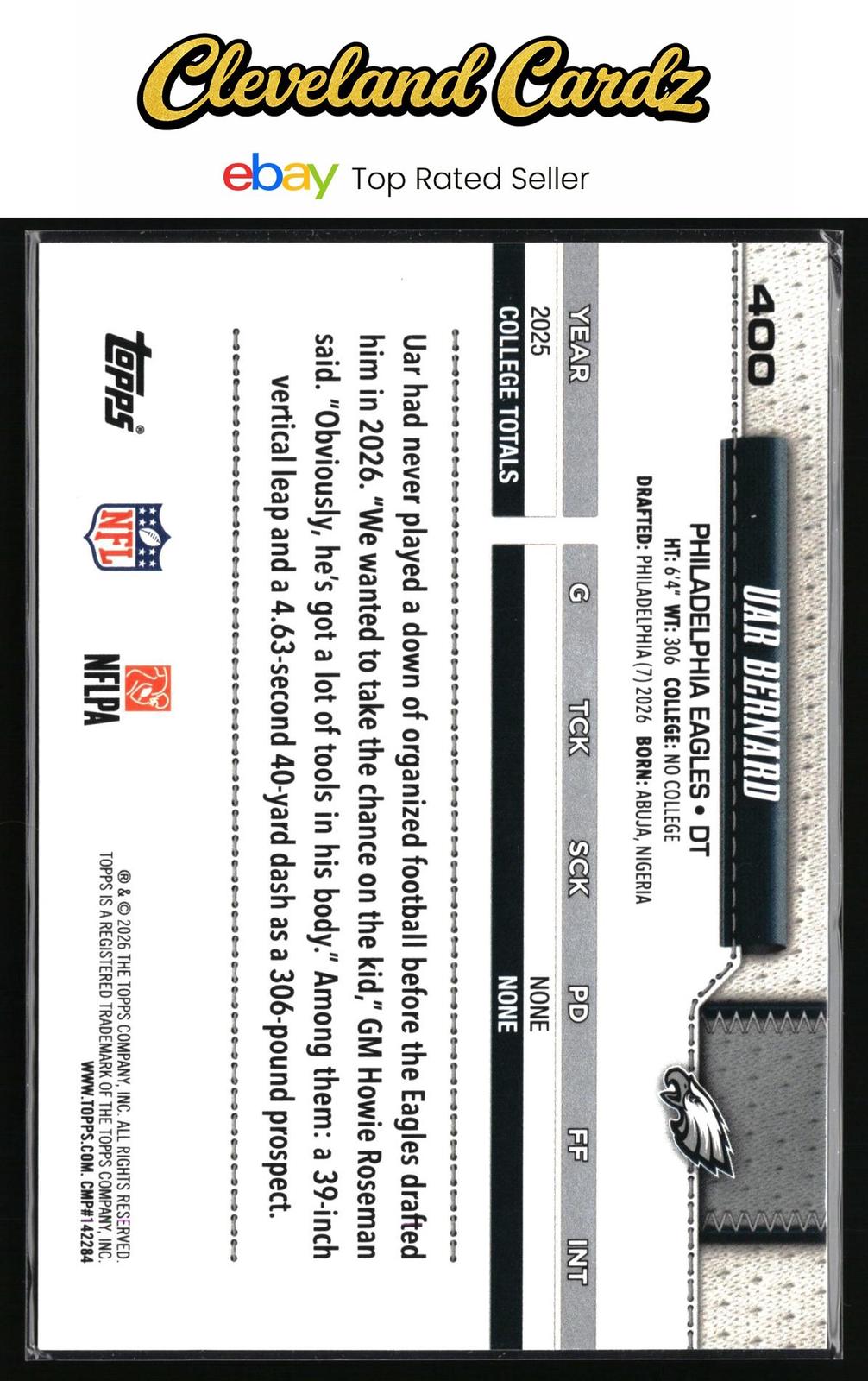 2026 Topps Flagship #400 Uar Bernard Football Leather Foil