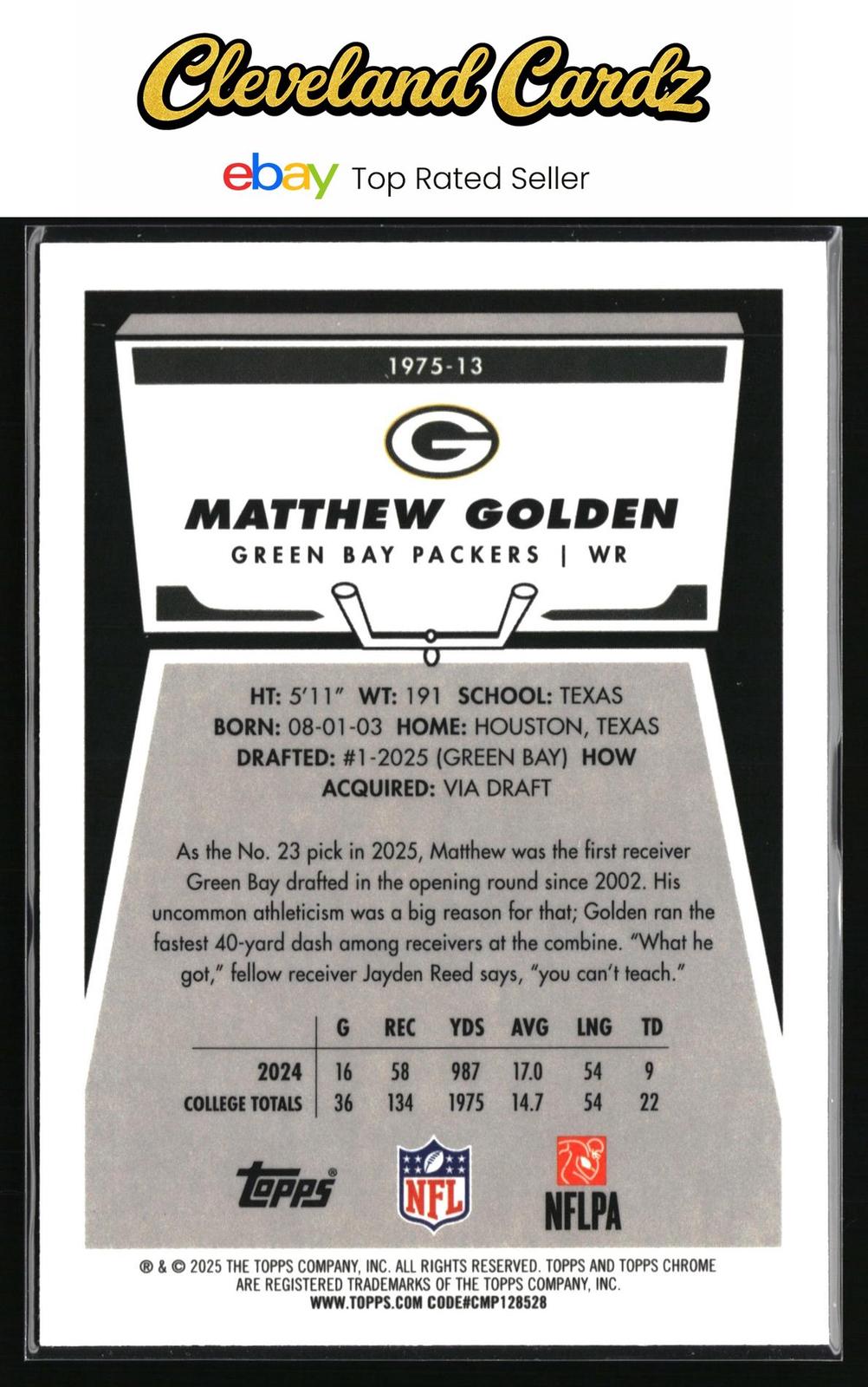 2025 Topps Chrome #1975-13 Matthew Golden 1975 Yellow Refractor #/275 COLORMATCH