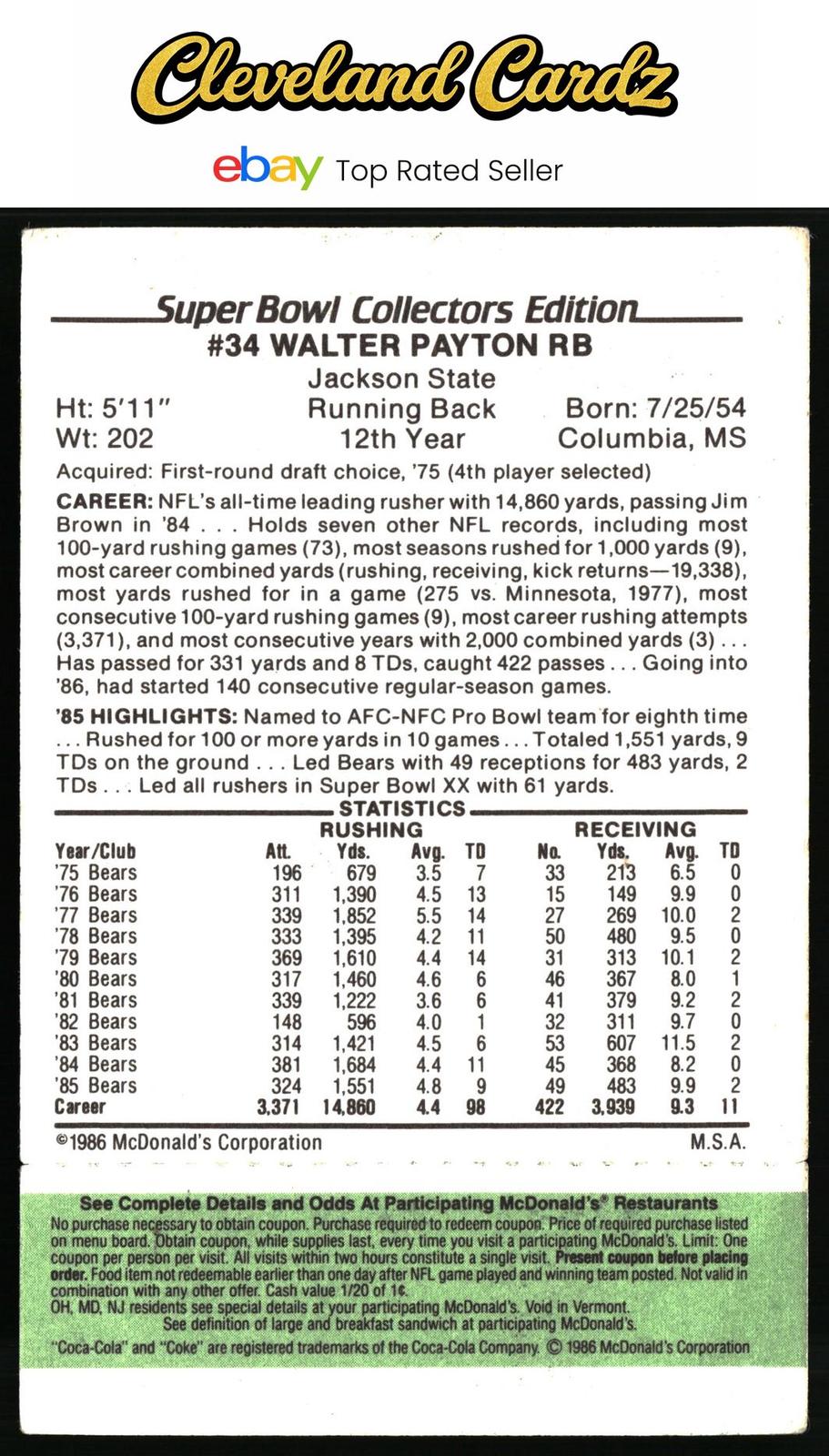 1986 McDonald's Chicago Bears #NNO Walter Payton FGP - Week 4 Green Tab