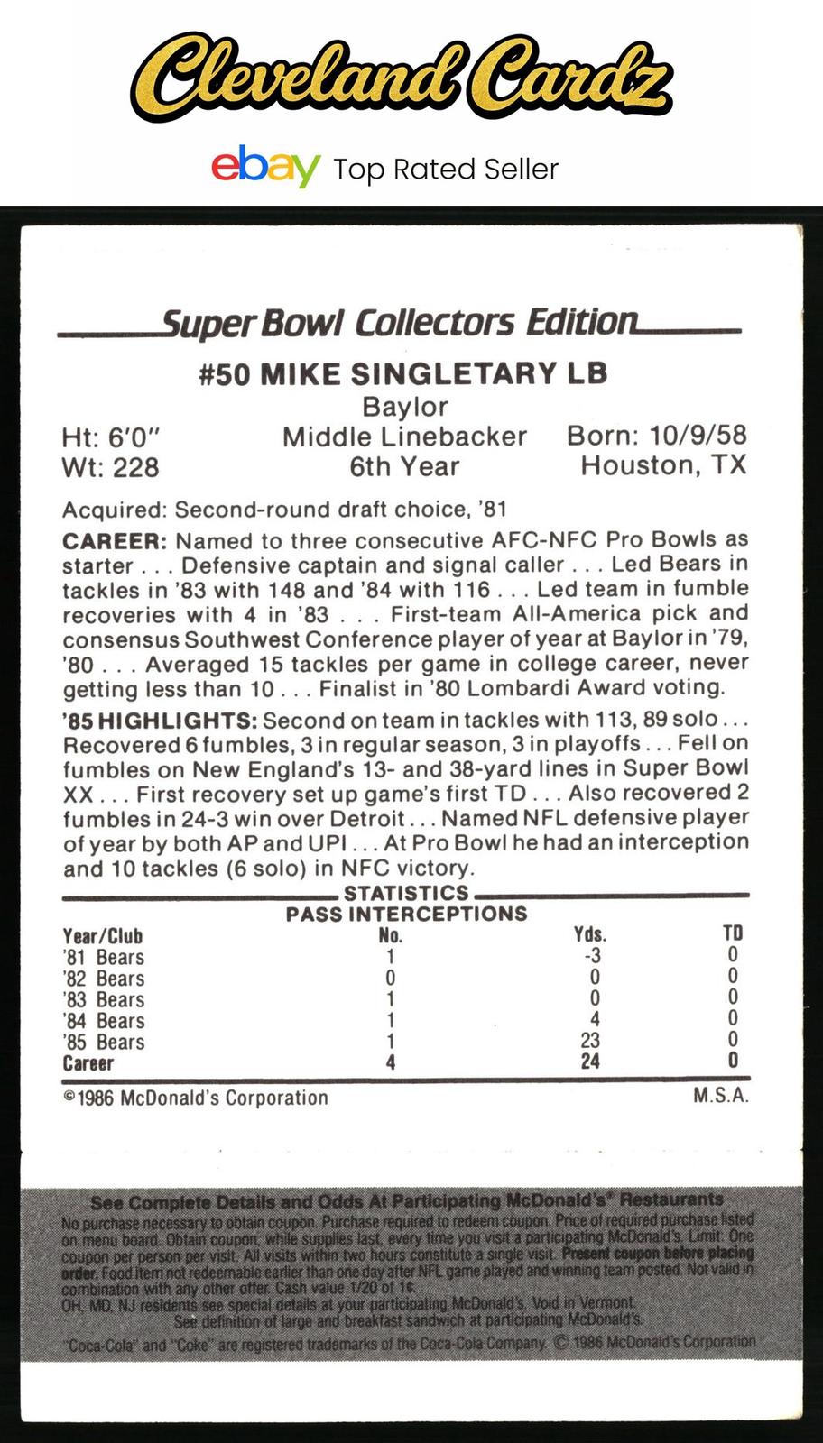 1986 McDonald's Chicago Bears #NNO Mike Singletary FGP - Week 2 Black/Gray Tab