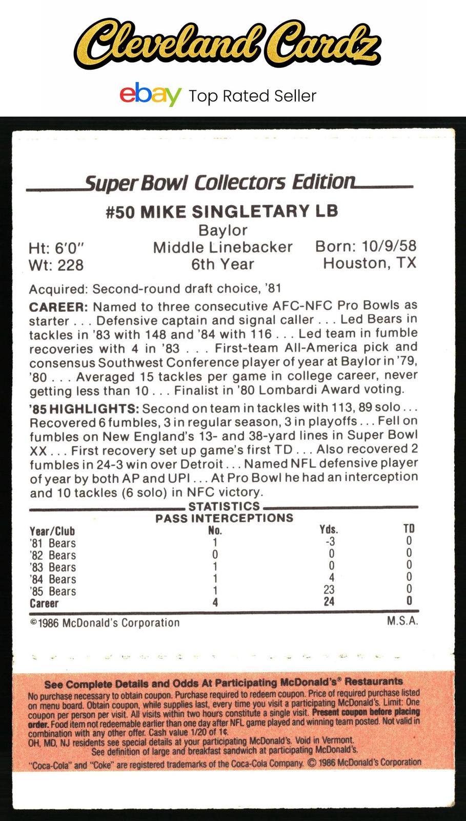 1986 McDonald's Chicago Bears #NNO Mike Singletary FGP - Week 3 Gold/Orange Tab