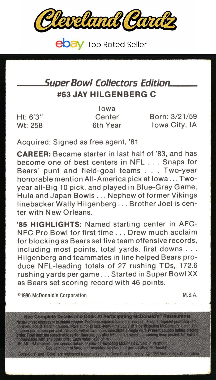 1986 McDonald's Chicago Bears #NNO Jay Hilgenberg FGP - Week 2 Black/Gray Tab