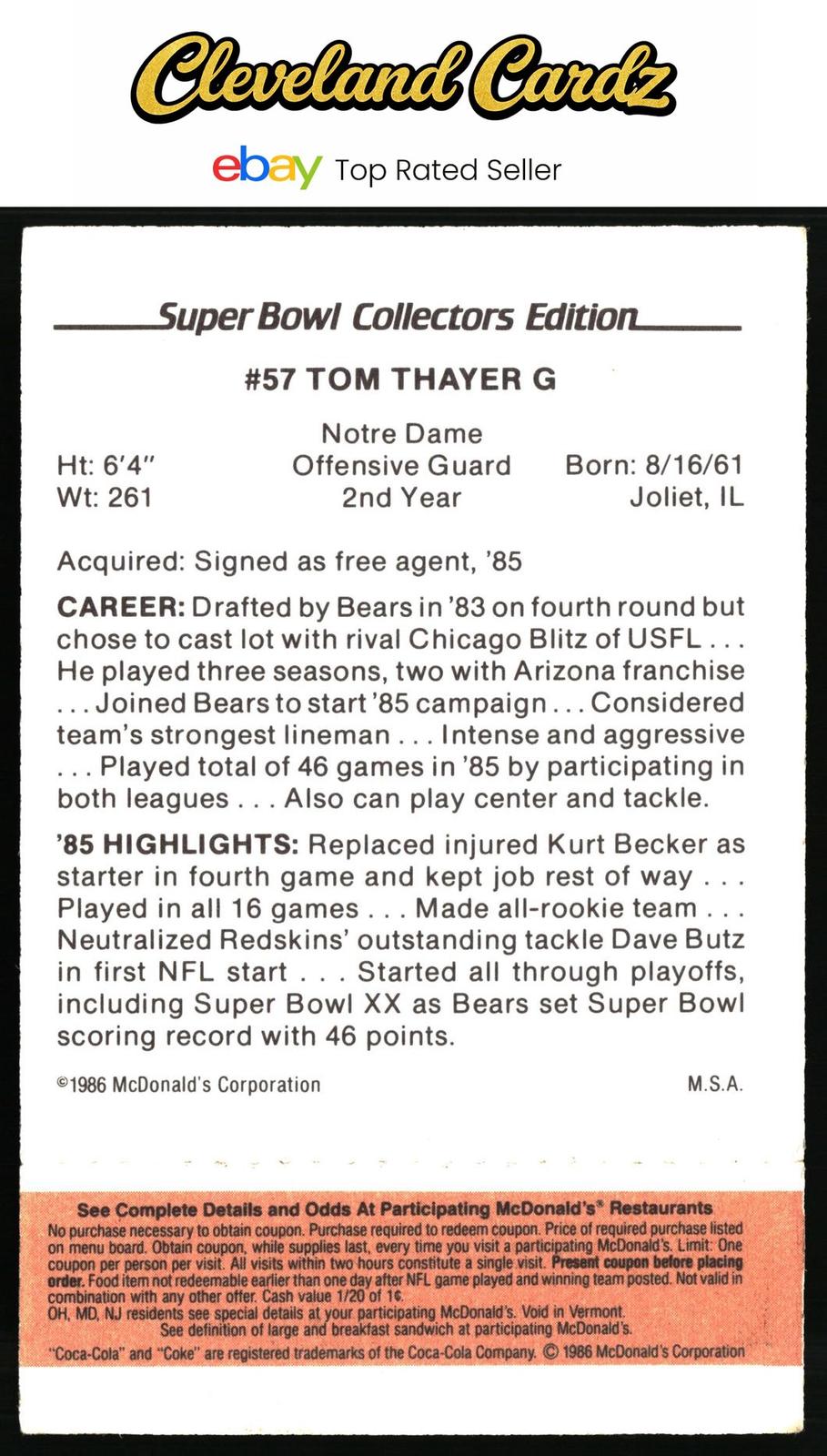 1986 McDonald's Chicago Bears #NNO Tom Thayer FGP - Week 3 Gold/Orange Tab