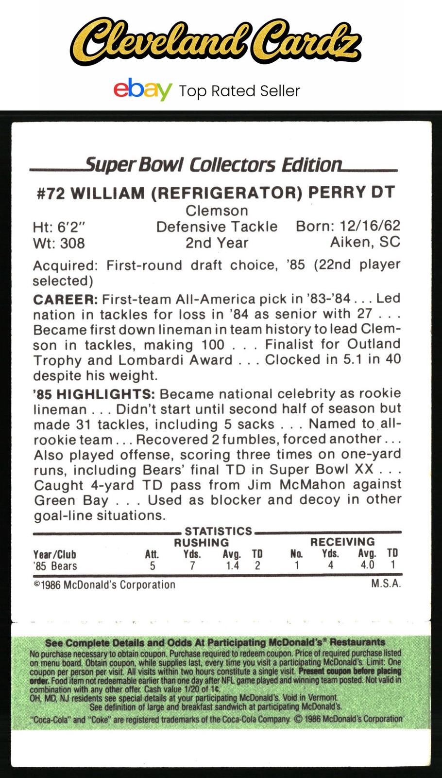 1986 McDonald's Chicago Bears #NNO William Perry FGP - Week 4 Green Tab