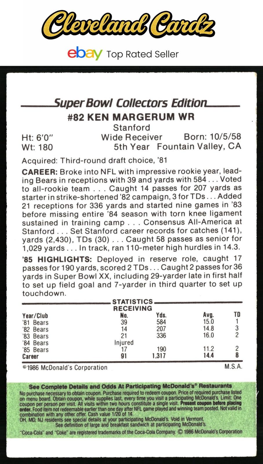 1986 McDonald's Chicago Bears #NNO Ken Margerum FGP - Week 4 Green Tab