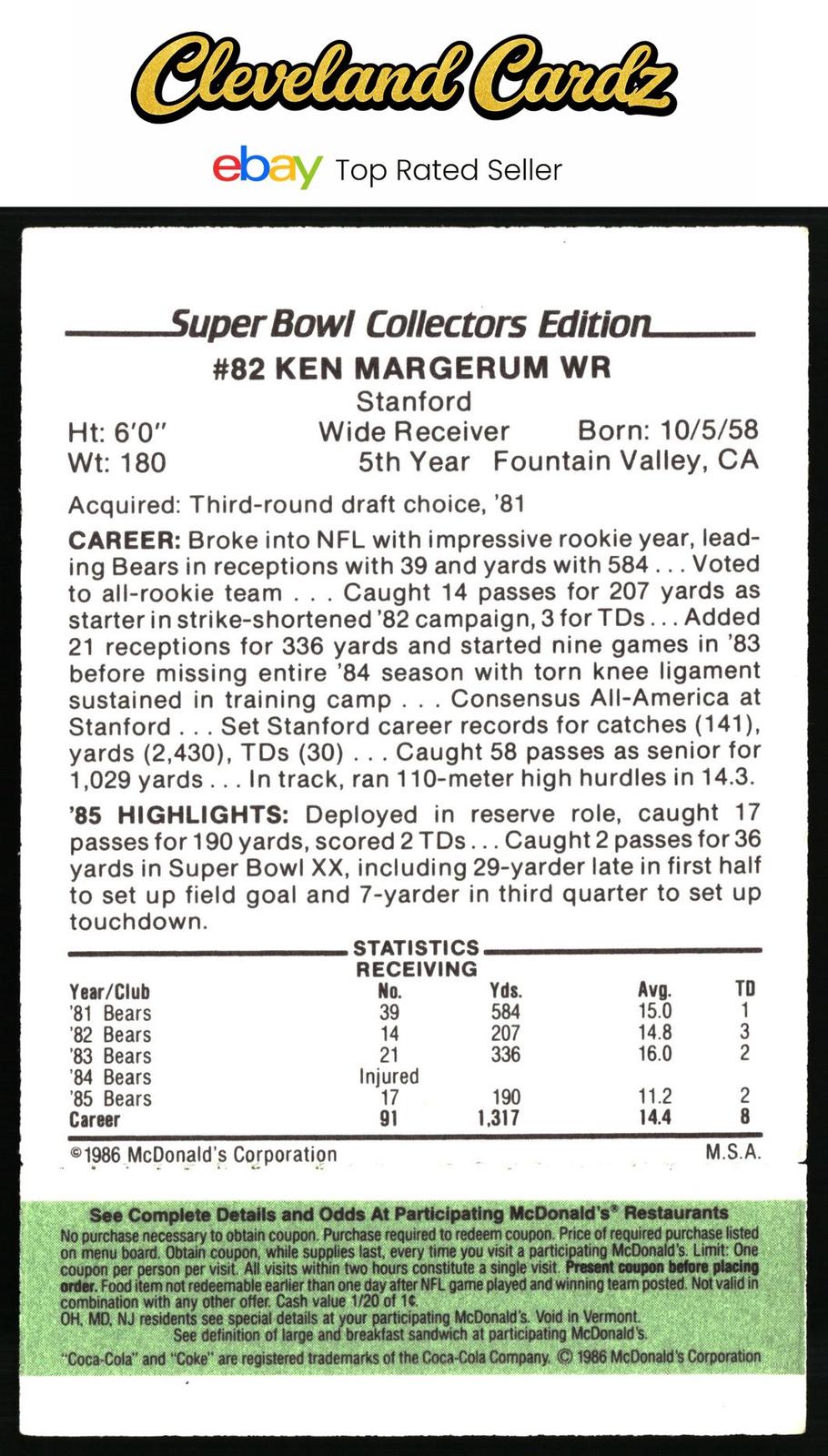 1986 McDonald's Chicago Bears #NNO Ken Margerum FGP - Week 4 Green Tab