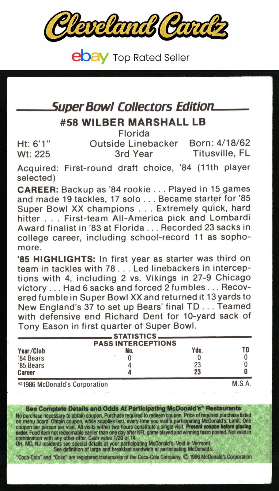 1986 McDonald's Chicago Bears #NNO Wilber Marshall FGP - Week 4 Green Tab