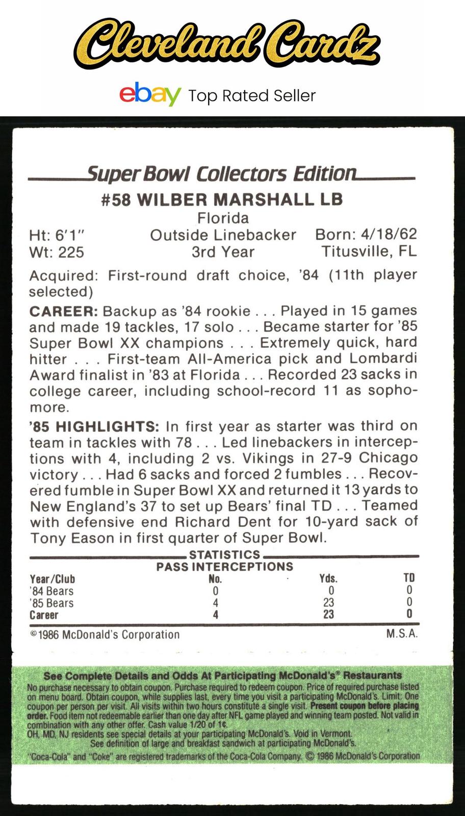 1986 McDonald's Chicago Bears #NNO Wilber Marshall FGP - Week 4 Green Tab