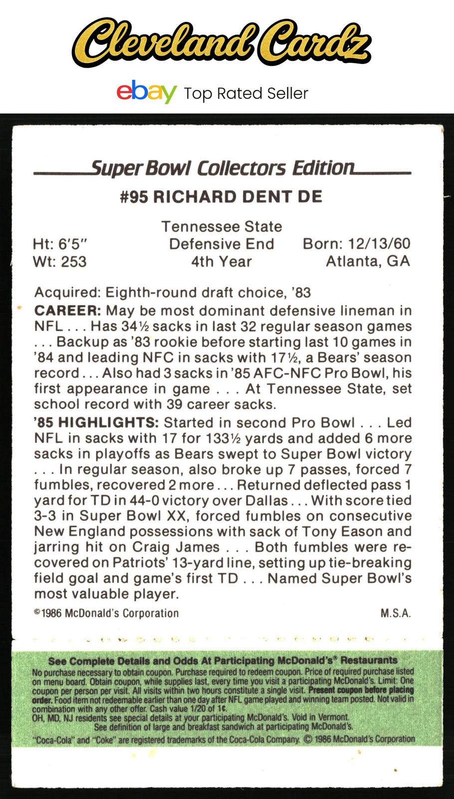 1986 McDonald's Chicago Bears #NNO Richard Dent FGP - Week 4 Green Tab