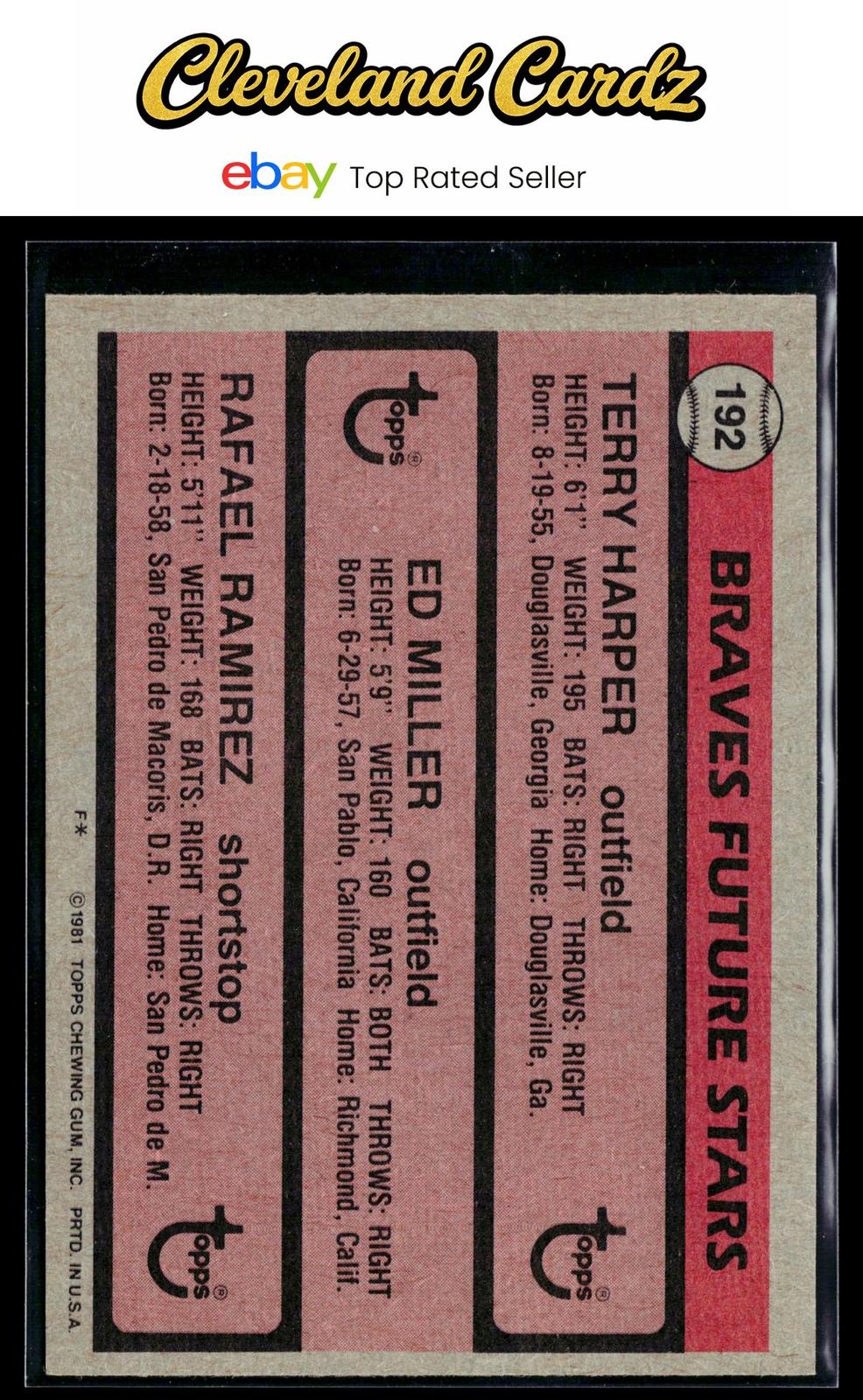 1981 Topps #192 Braves Future Stars (Terry Harper / Ed Miller / Rafael Ramirez)