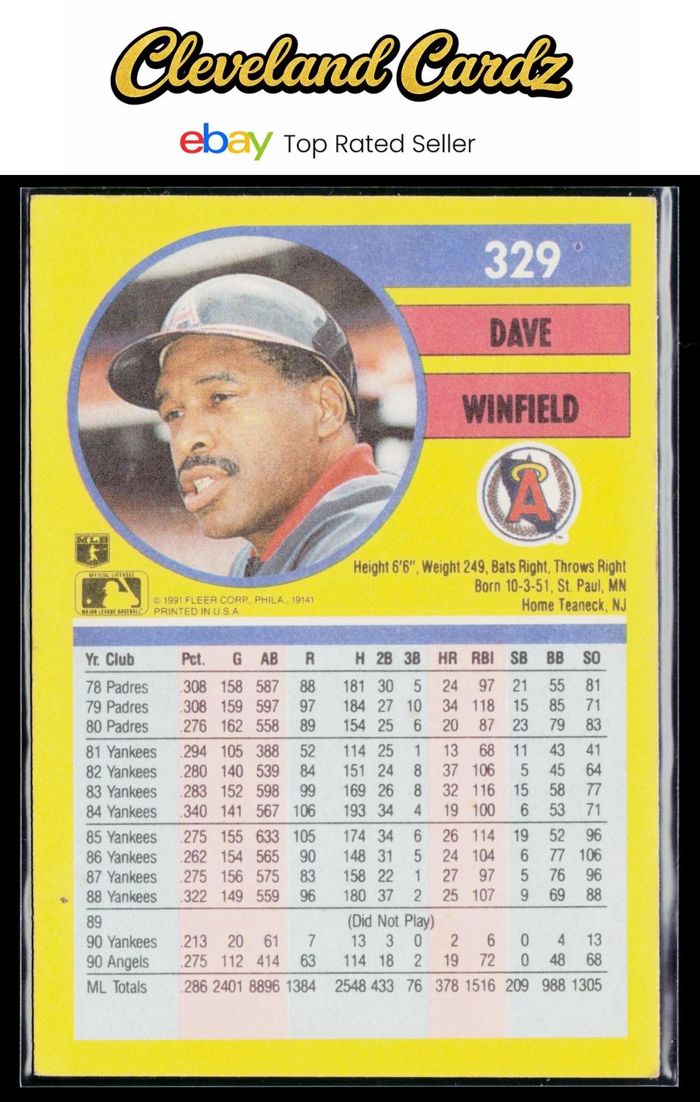 1991 Fleer #329 Dave Winfield