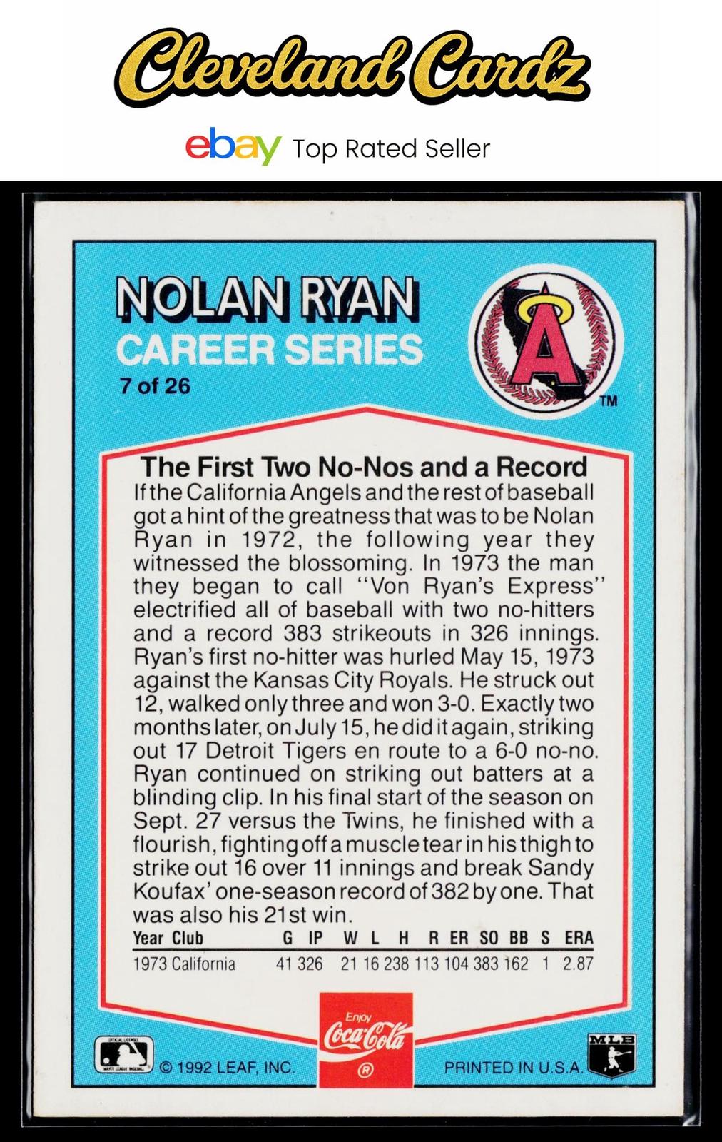1992 Donruss Coca-Cola Nolan Ryan #7 Nolan Ryan