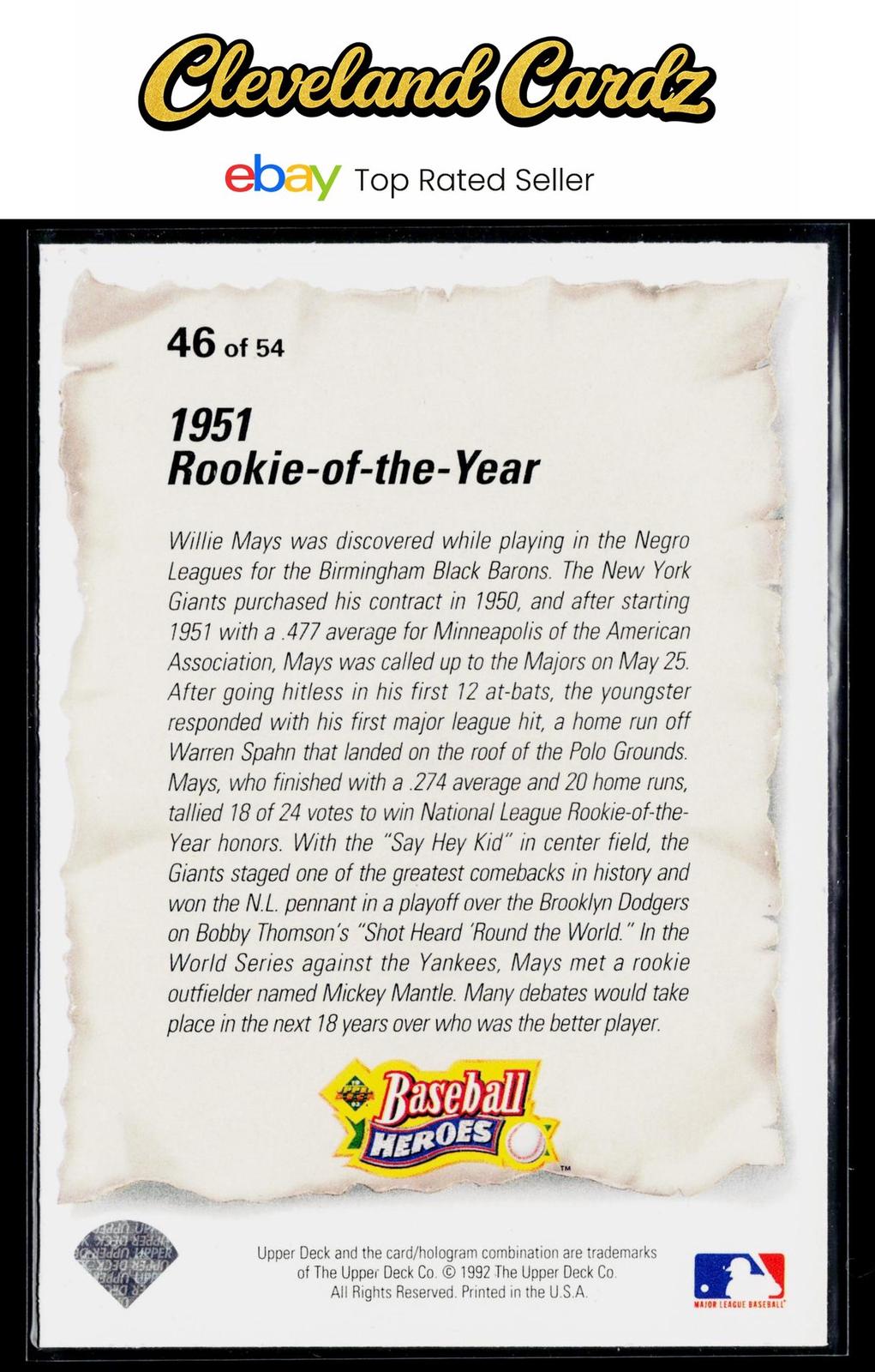 1993 Upper Deck #46 Willie Mays Baseball Heroes: Willie Mays
