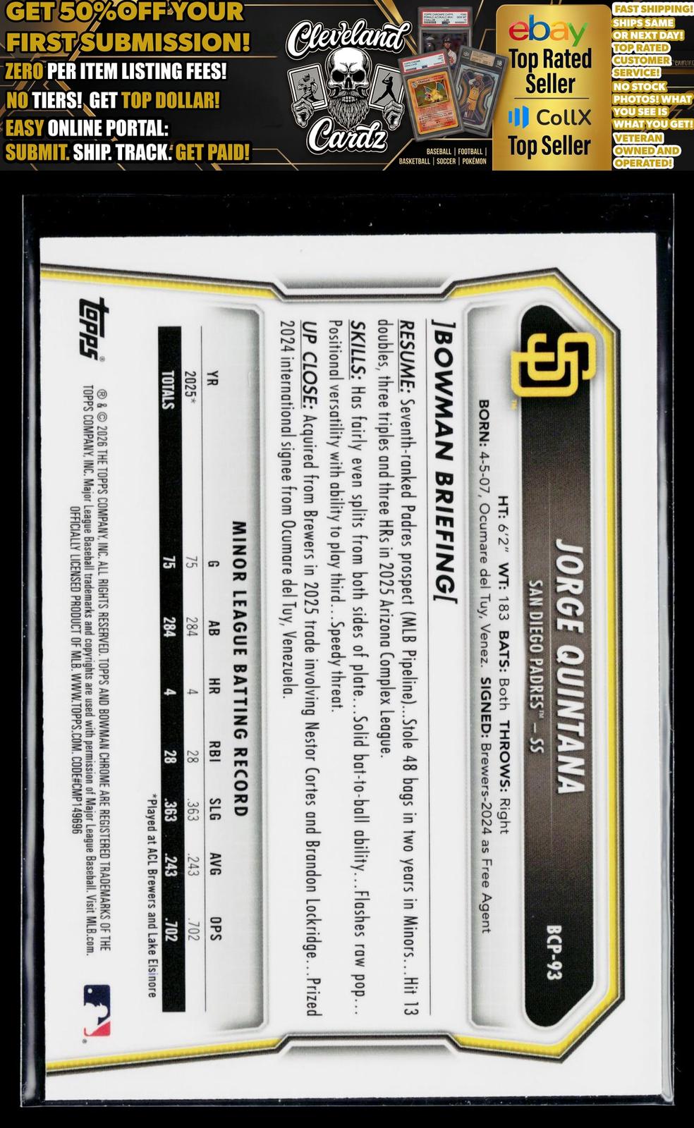 2026 Bowman #BCP-93 Jorge Quintana Chrome Prospects Mojo Refractor