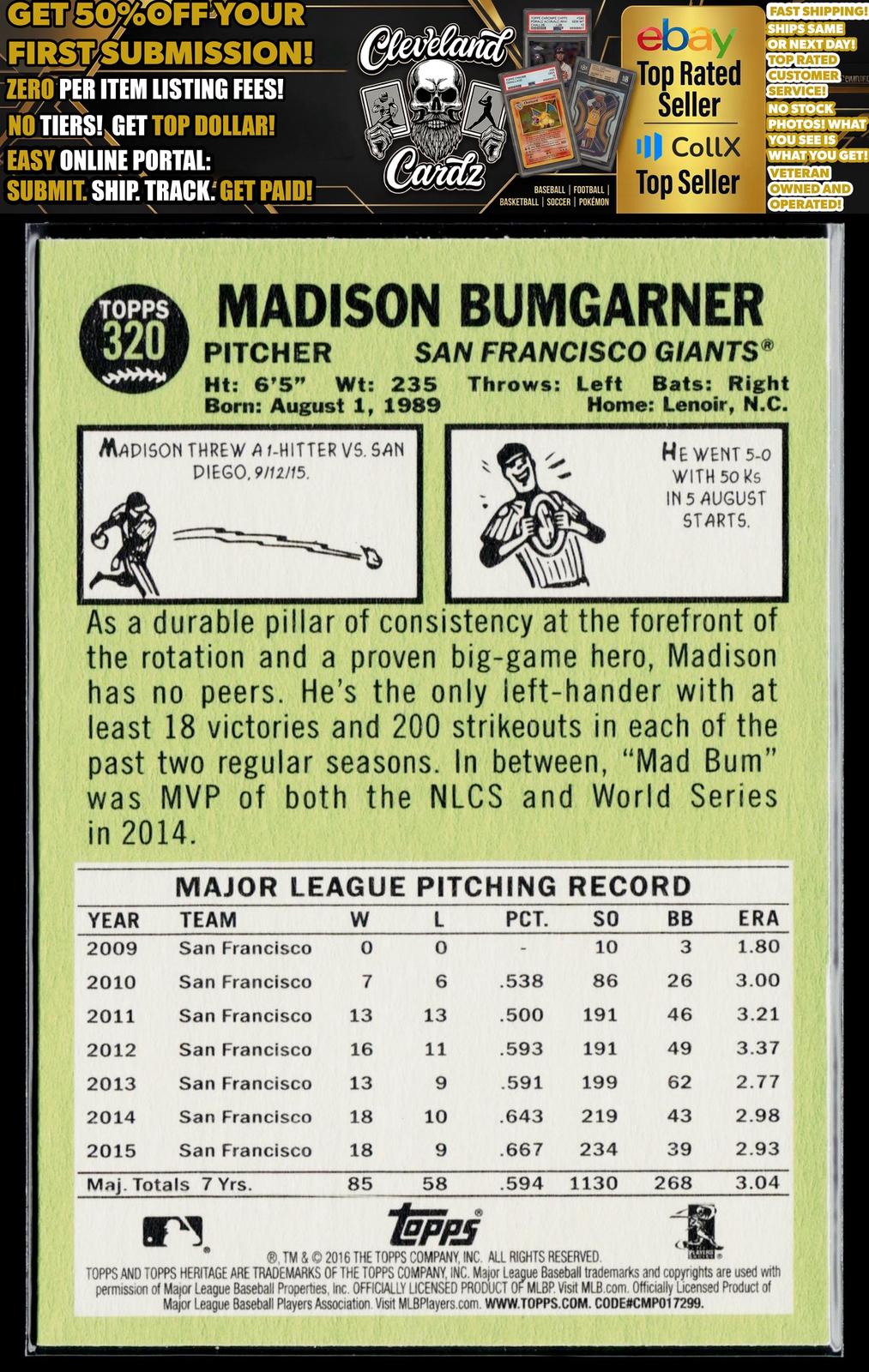2016 Topps Heritage #320 Madison Bumgarner Red Backs