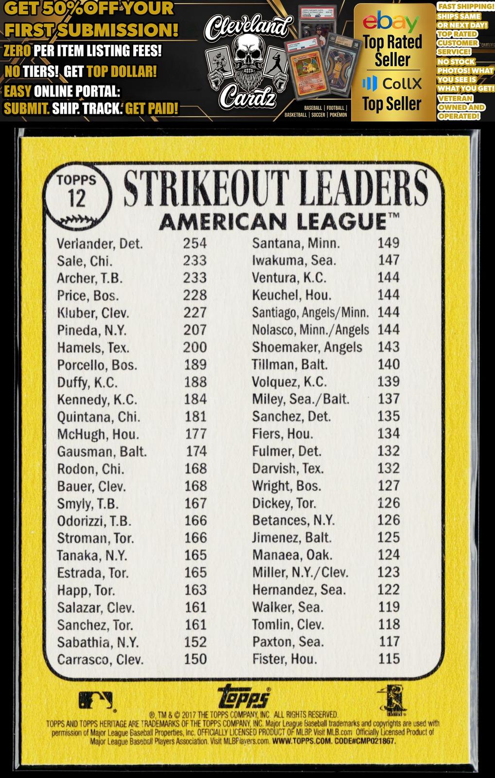 2017 Topps Heritage #12 2016 A.L. SO Leaders (J. Verlander/C. Archer/C. Sale)
