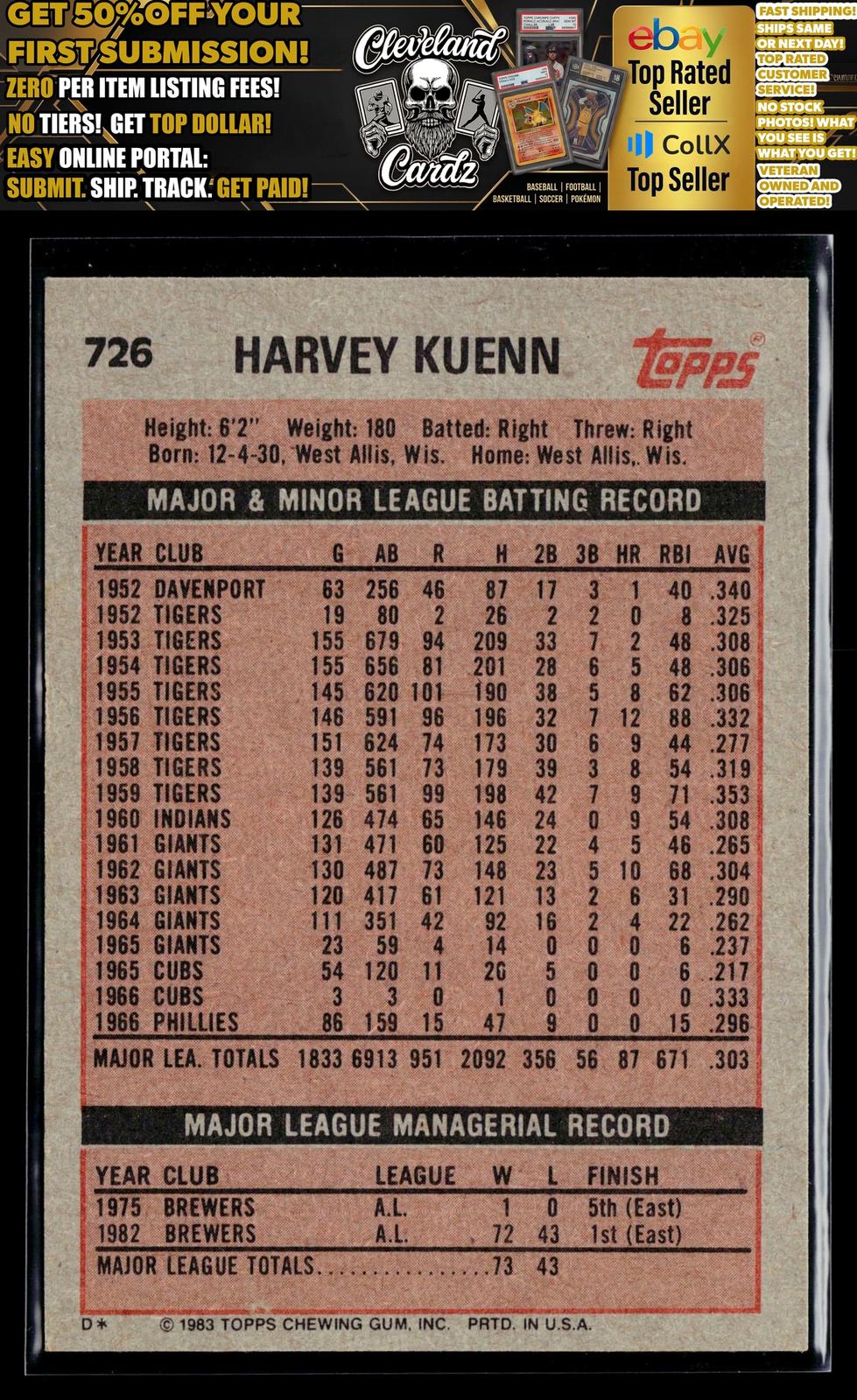 1983 Topps #726 Harvey Kuenn