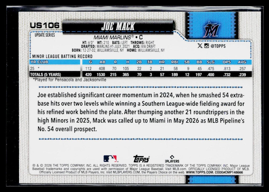 2026 Topps Update #US106 Joe Mack Rainbow Foil